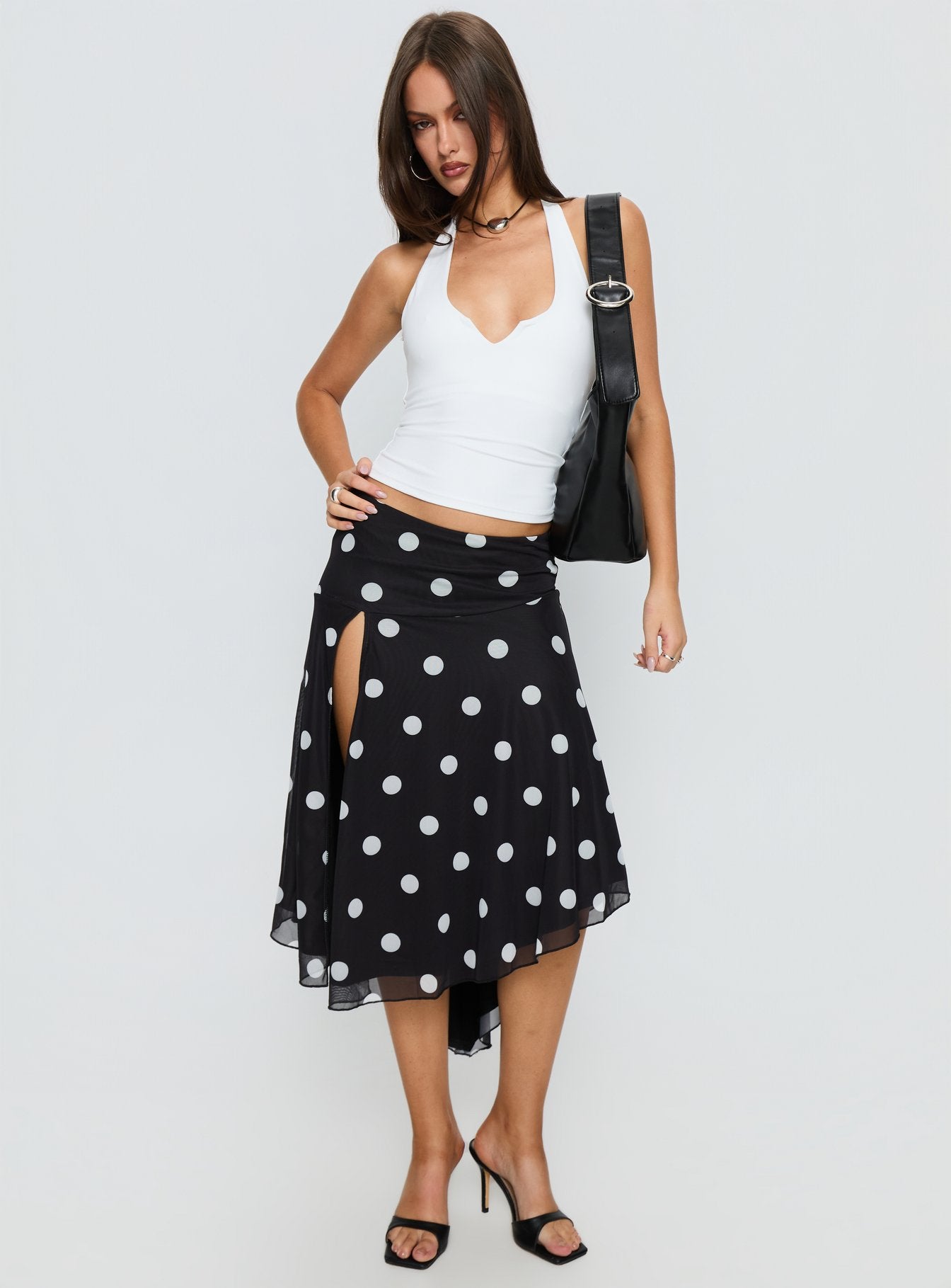 Dulciana High Split Asymmetrical Midi Skirt Black / Polka Dot - Image 3