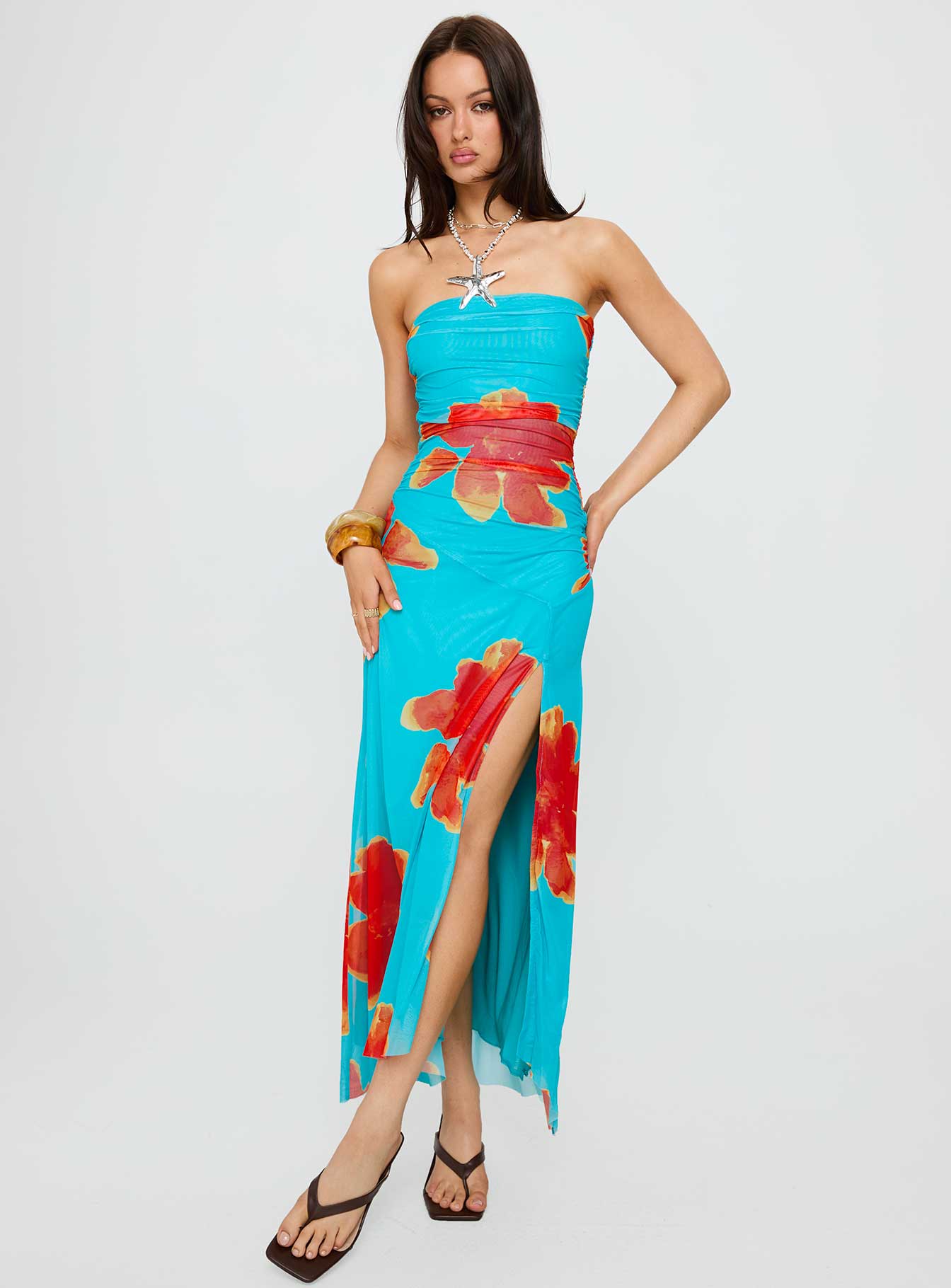Katara Strapless Maxi Dress Blue / Orange Floral - Image 3