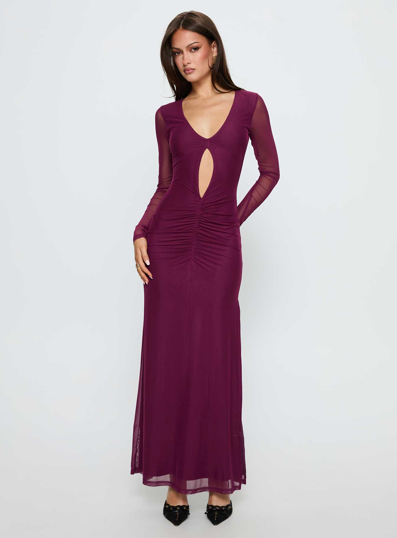 Alternative view of Darkside Long Sleeve Cut Out Plunge Maxi Dress Plum