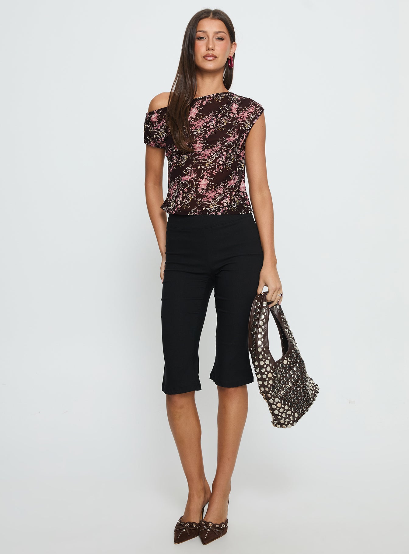 Alternative view of Justyna Sheer Top Off Shoulder Top Brown / Pink Floral