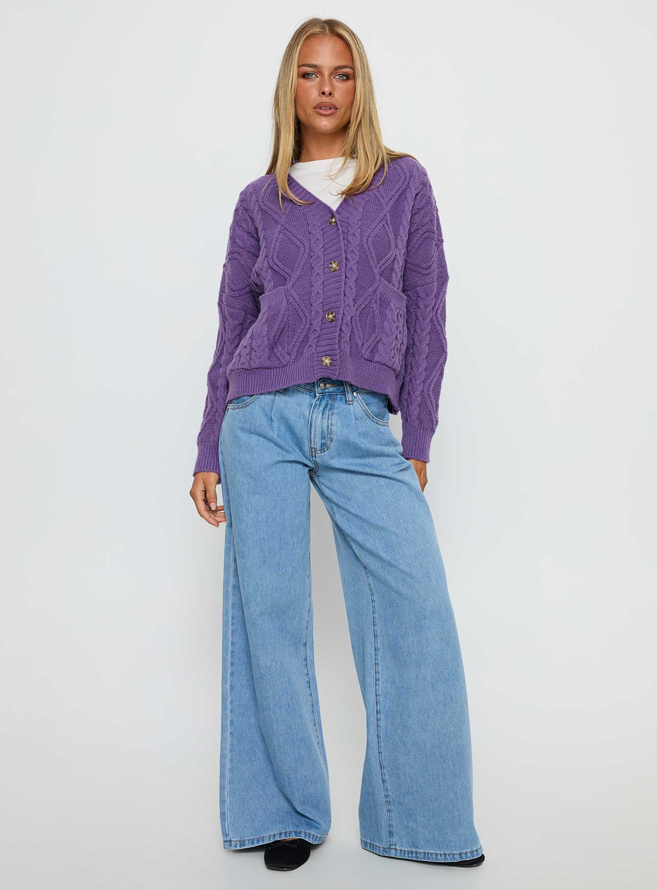 Alternative view of Dillian Cable Knit Cardigan Purple