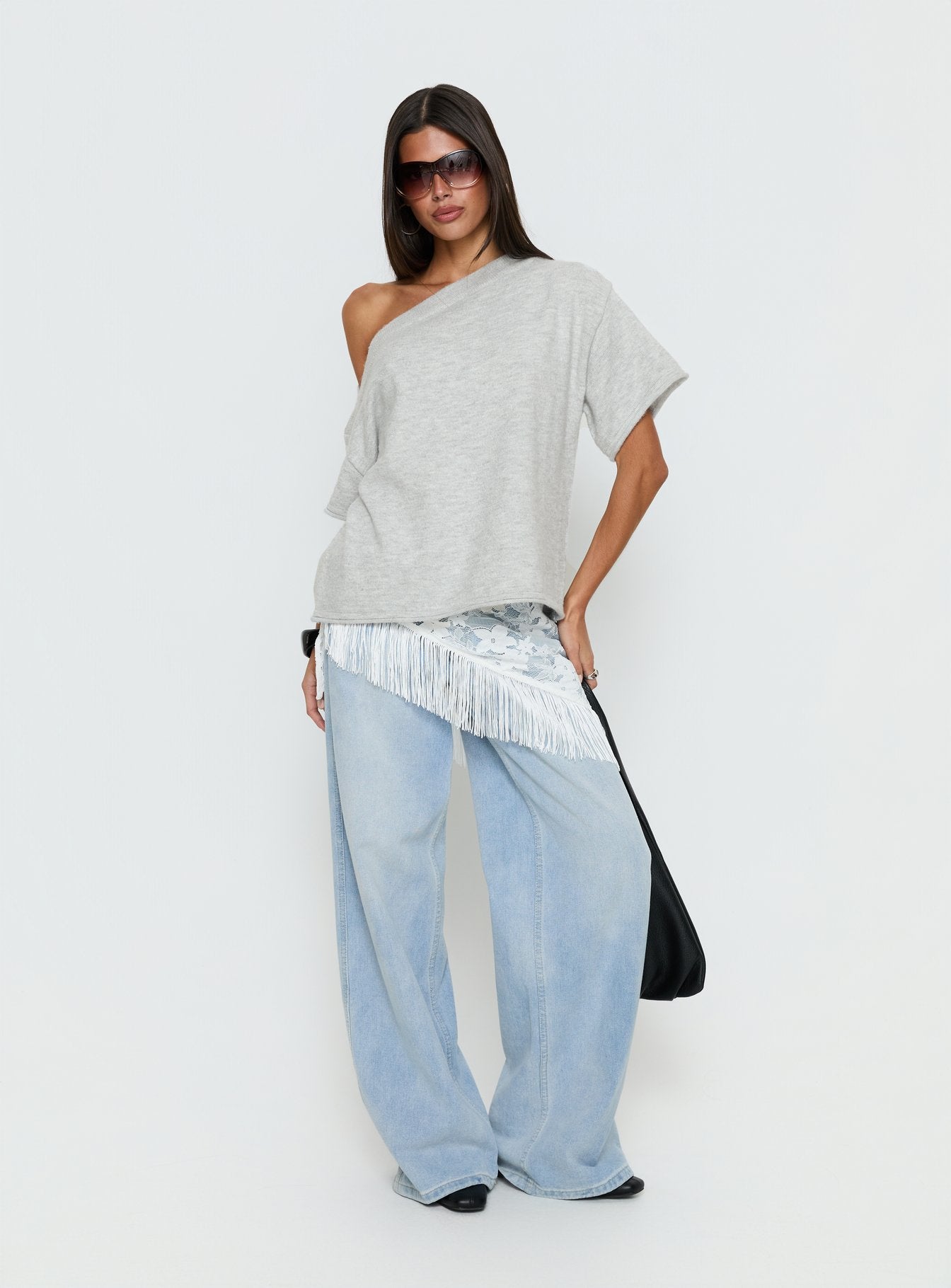 Kourta Off Shoulder Oversized Knit Top Grey Marle - Image 3