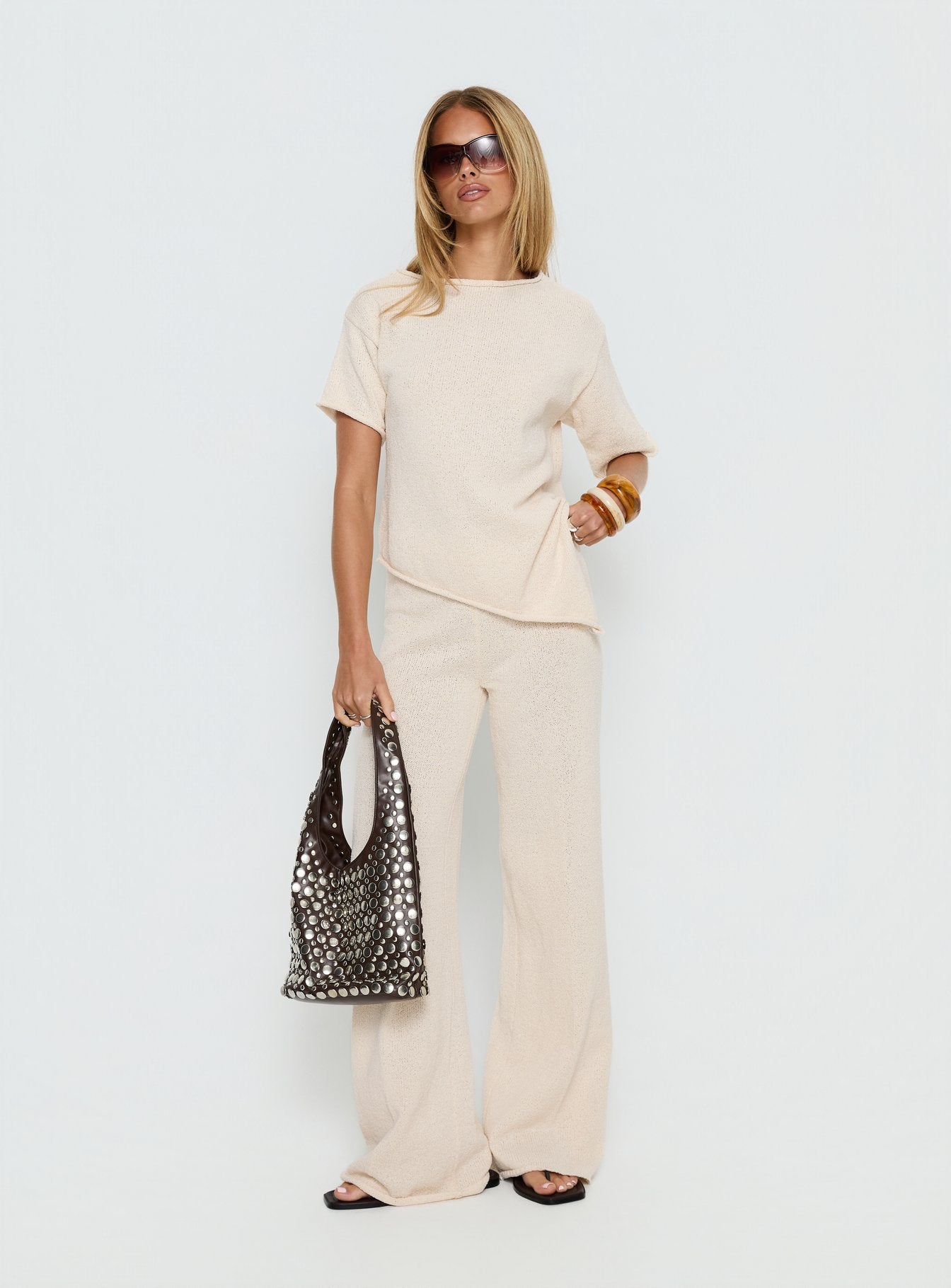 Calisse Knit Wide Leg Pants Beige - Image 3