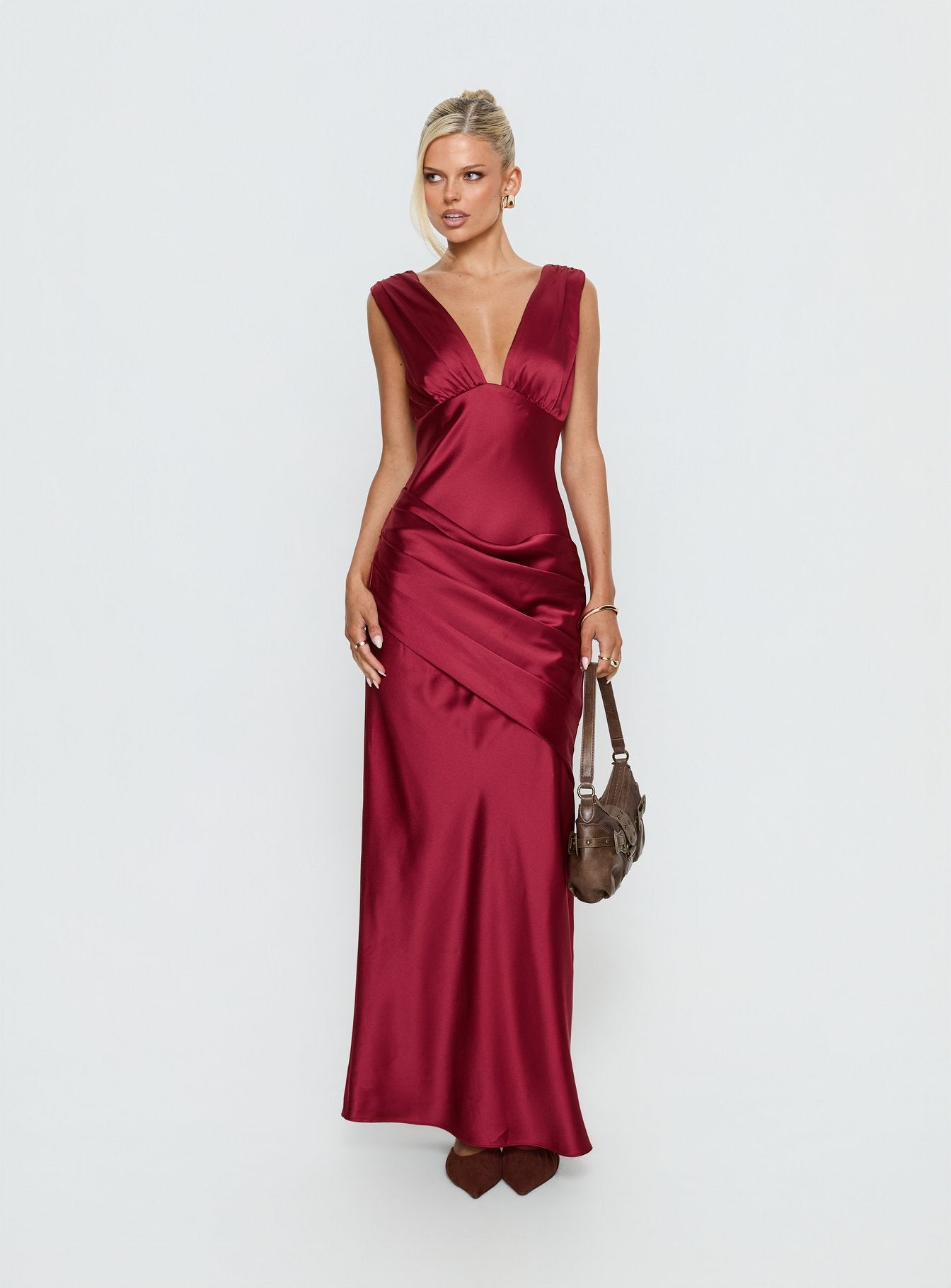 False Alarm Plunge Asymmetrical Pleat Maxi Dress Red - Image 3