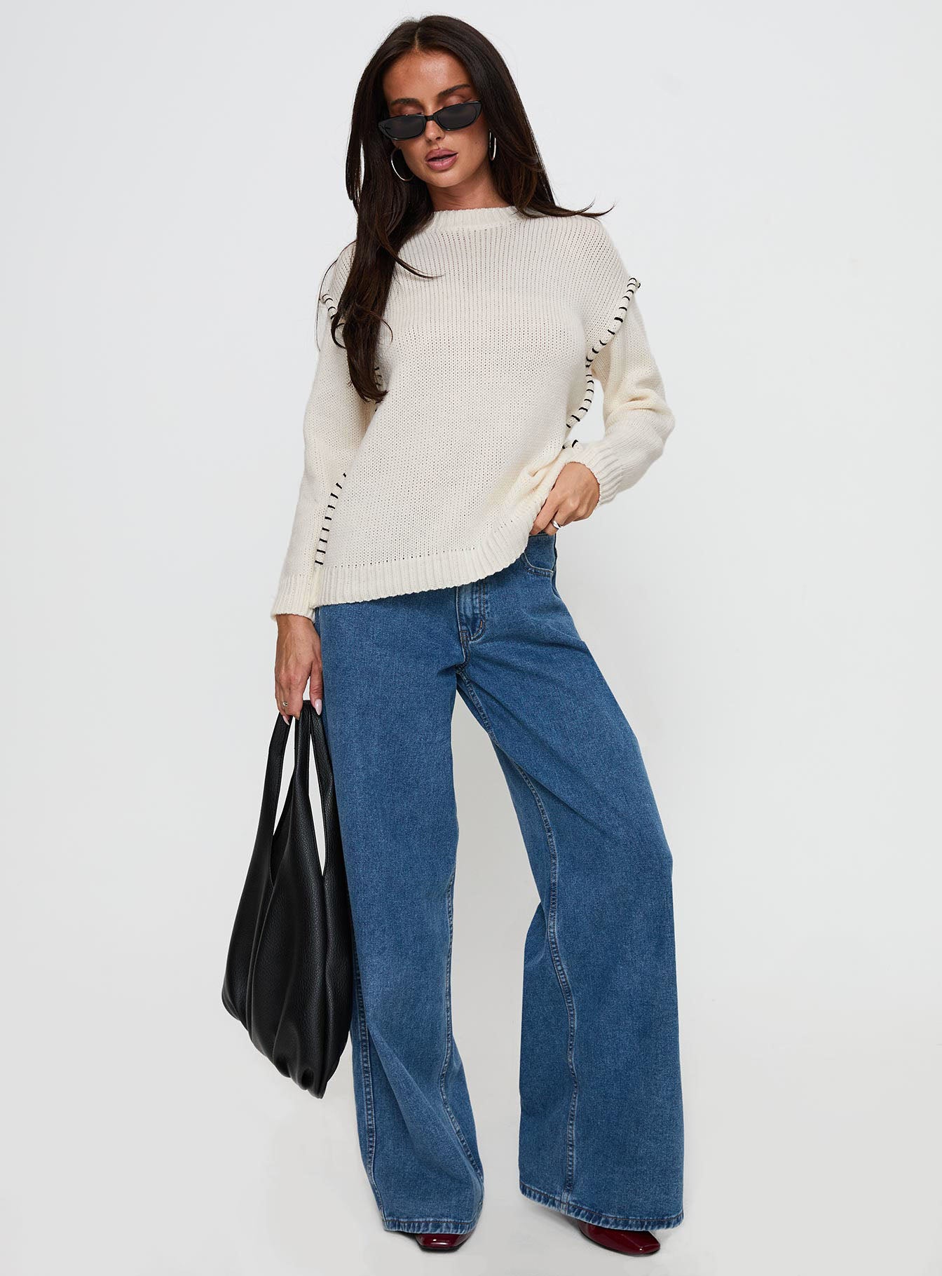 Alternative view of Change The Weather Contrast Stitch Knit Sweater Cream