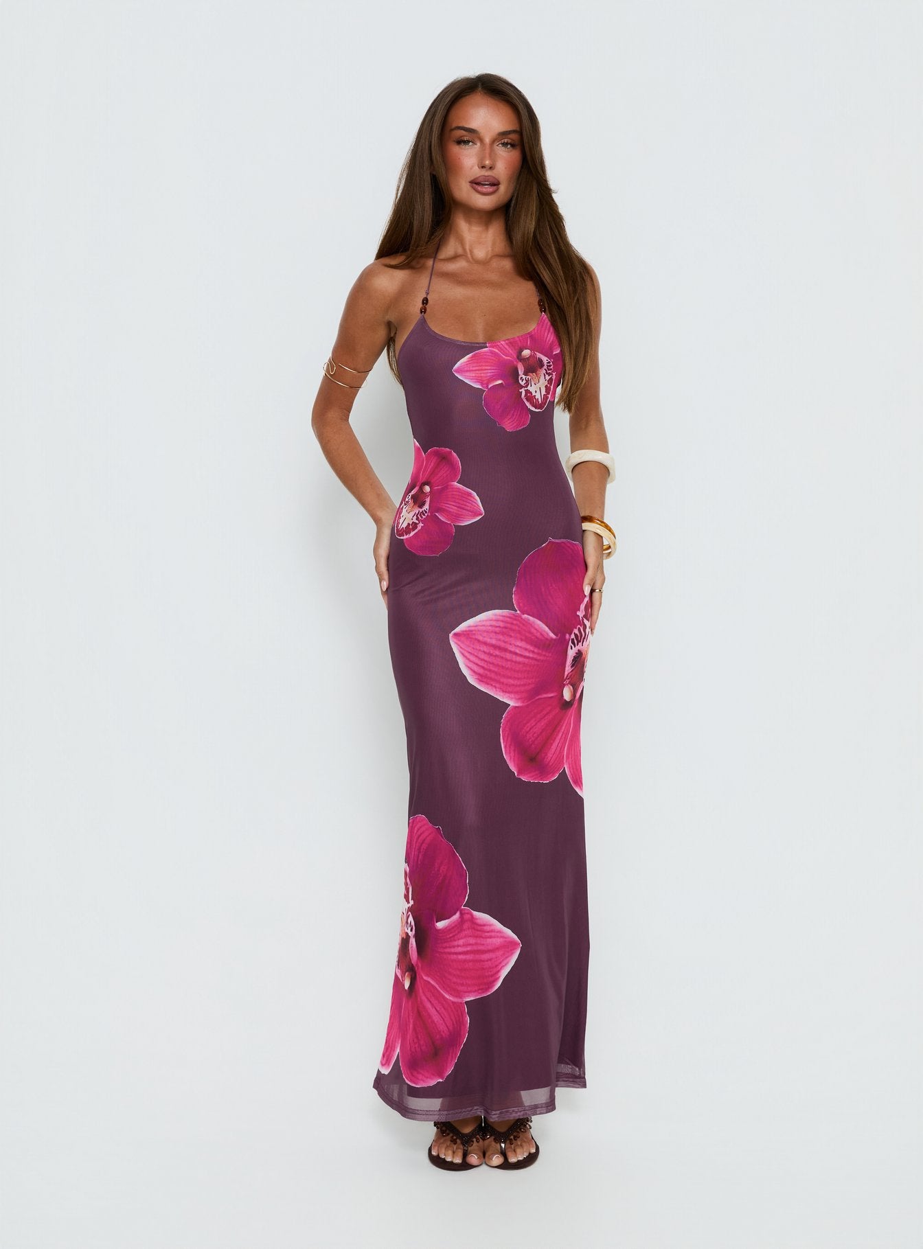Alternative view of Kamina Beaded Halter Maxi Dress Plum Floral