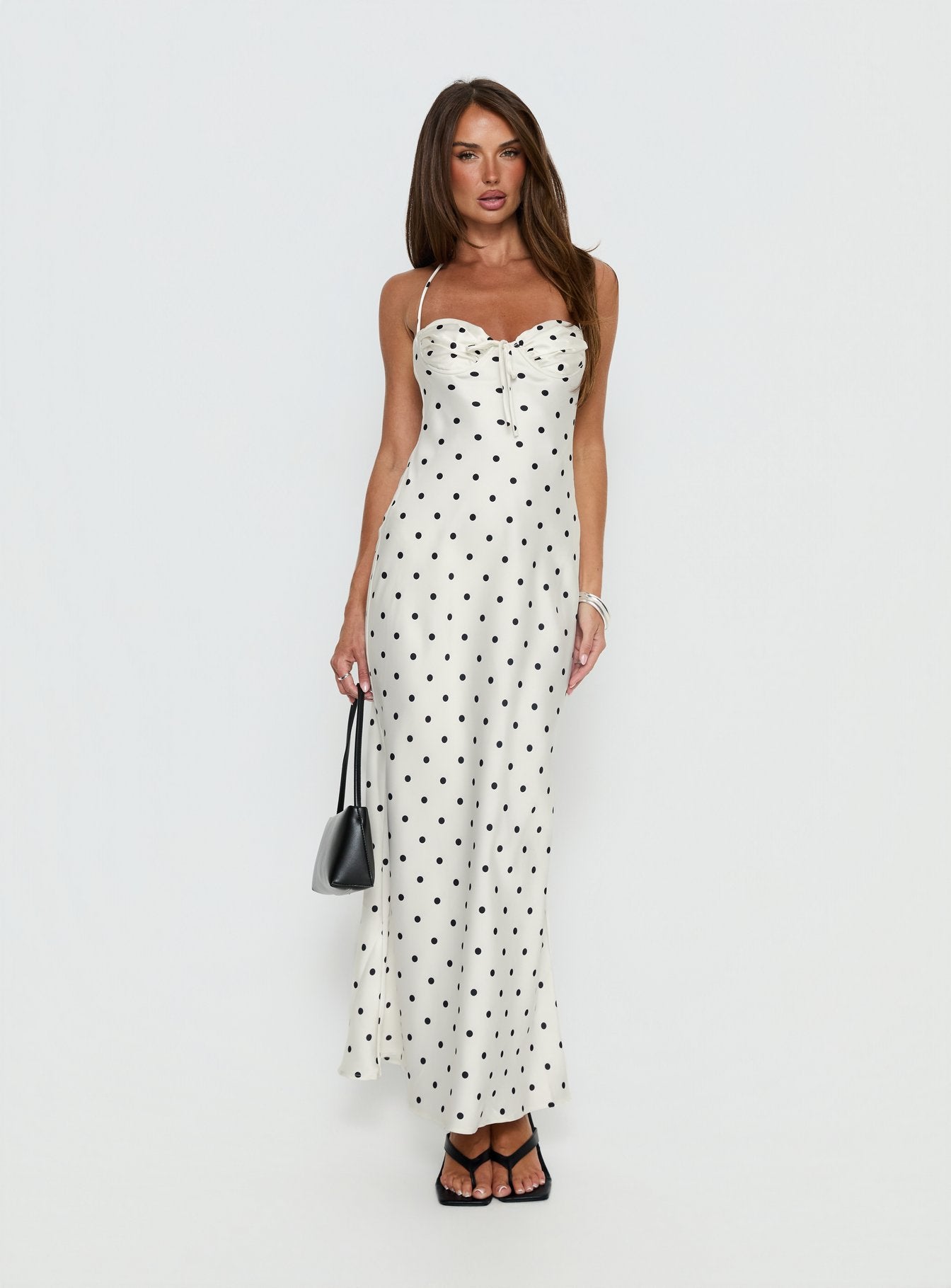 Costella Halter Satin Maxi Dress Cream Polka Dot - Image 3