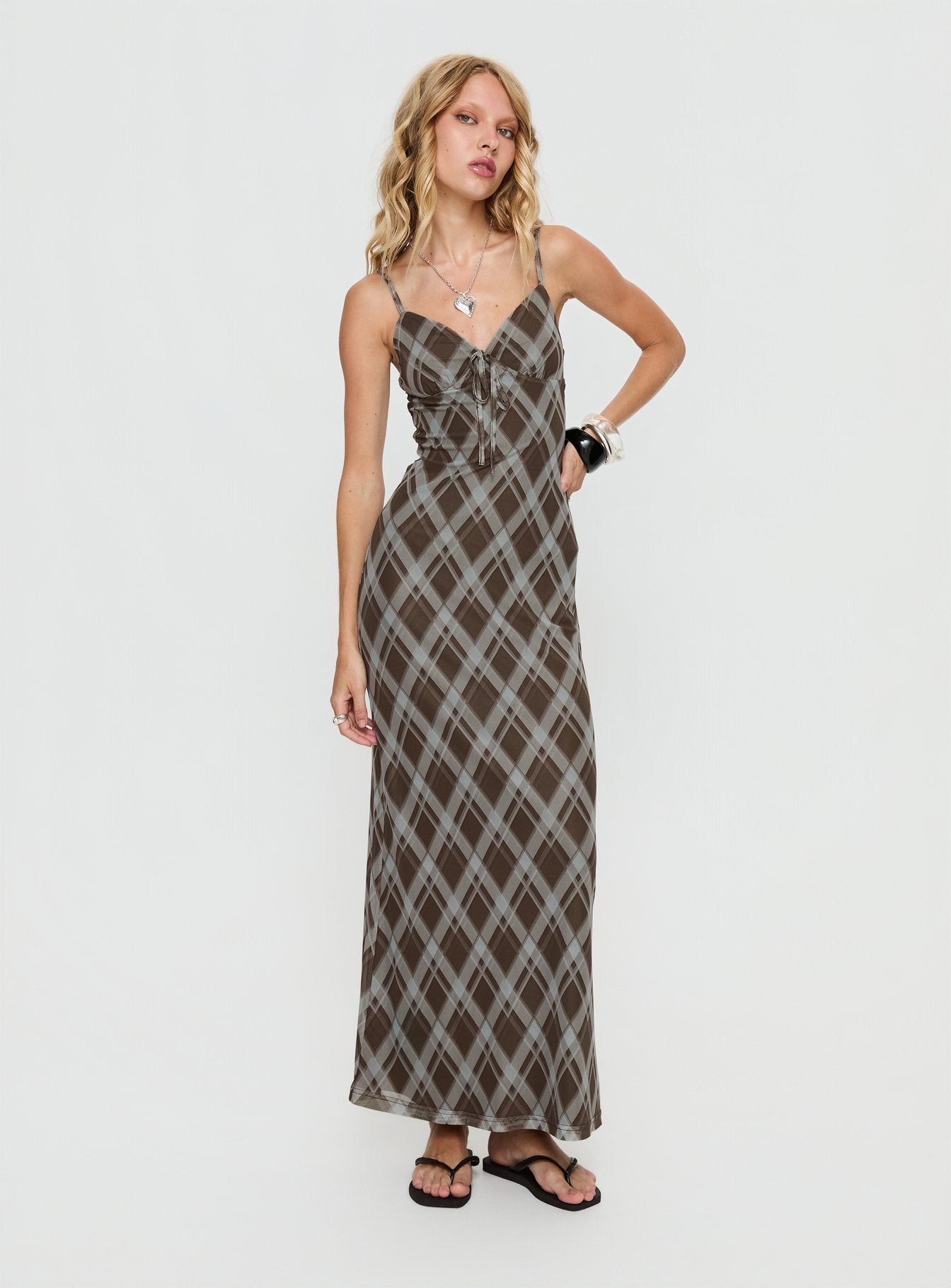 Alternative view of Idaline V Neck Maxi Dress Brown Check