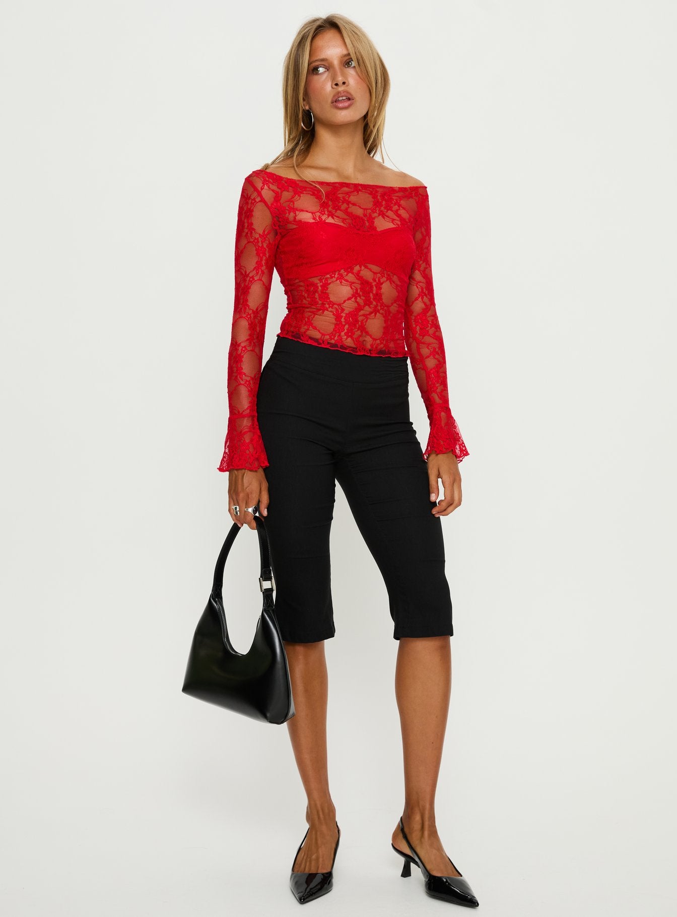 Alternative view of Junah Sheer Lace Long Sleeve Top Red