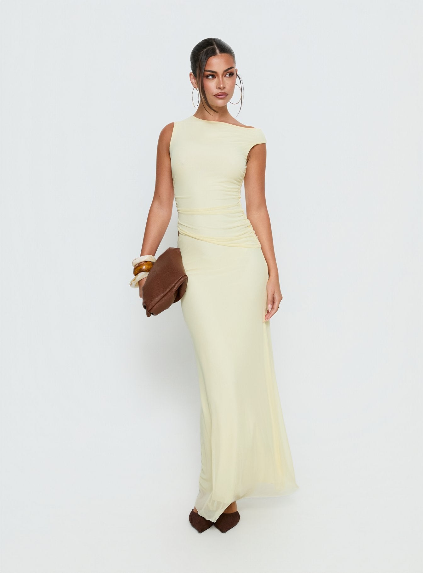 Krystyna Off Shoulder Ruched Mesh Maxi Dress Butter - Image 3