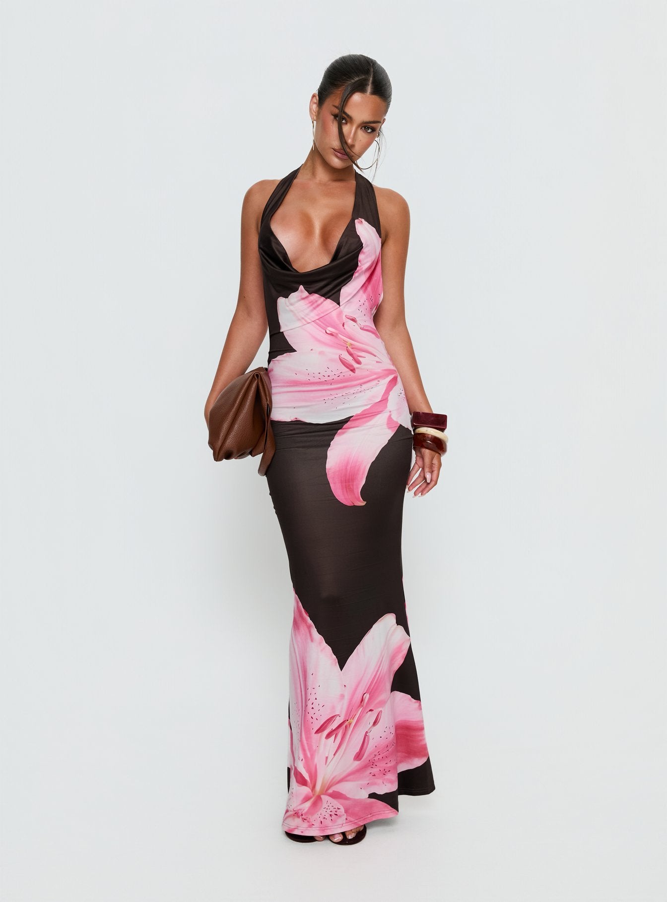 Kanara Halter Plunge Maxi Dress Chocolate / Pink Floral - Image 3