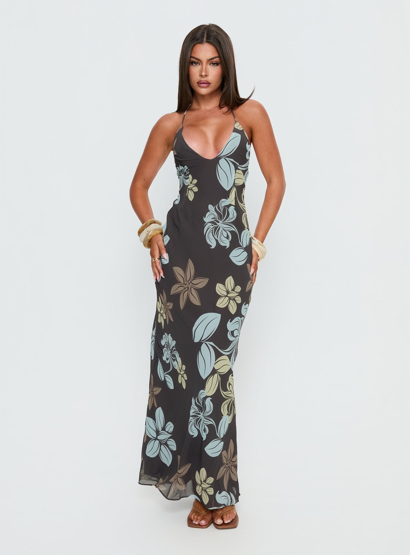 Alternative view of Esmira Halter Maxi Dress Chocolate / Blue Floral