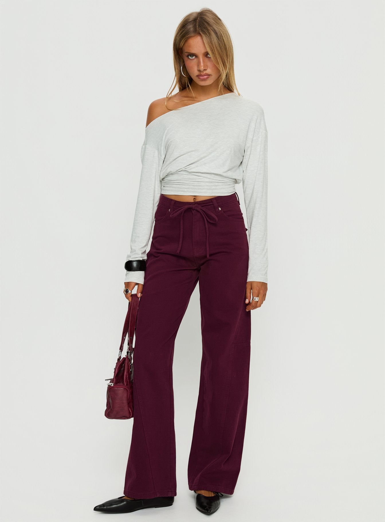 Alternative view of Bruiser Tie Waist Mid Rise Wide Leg Jeans Currant