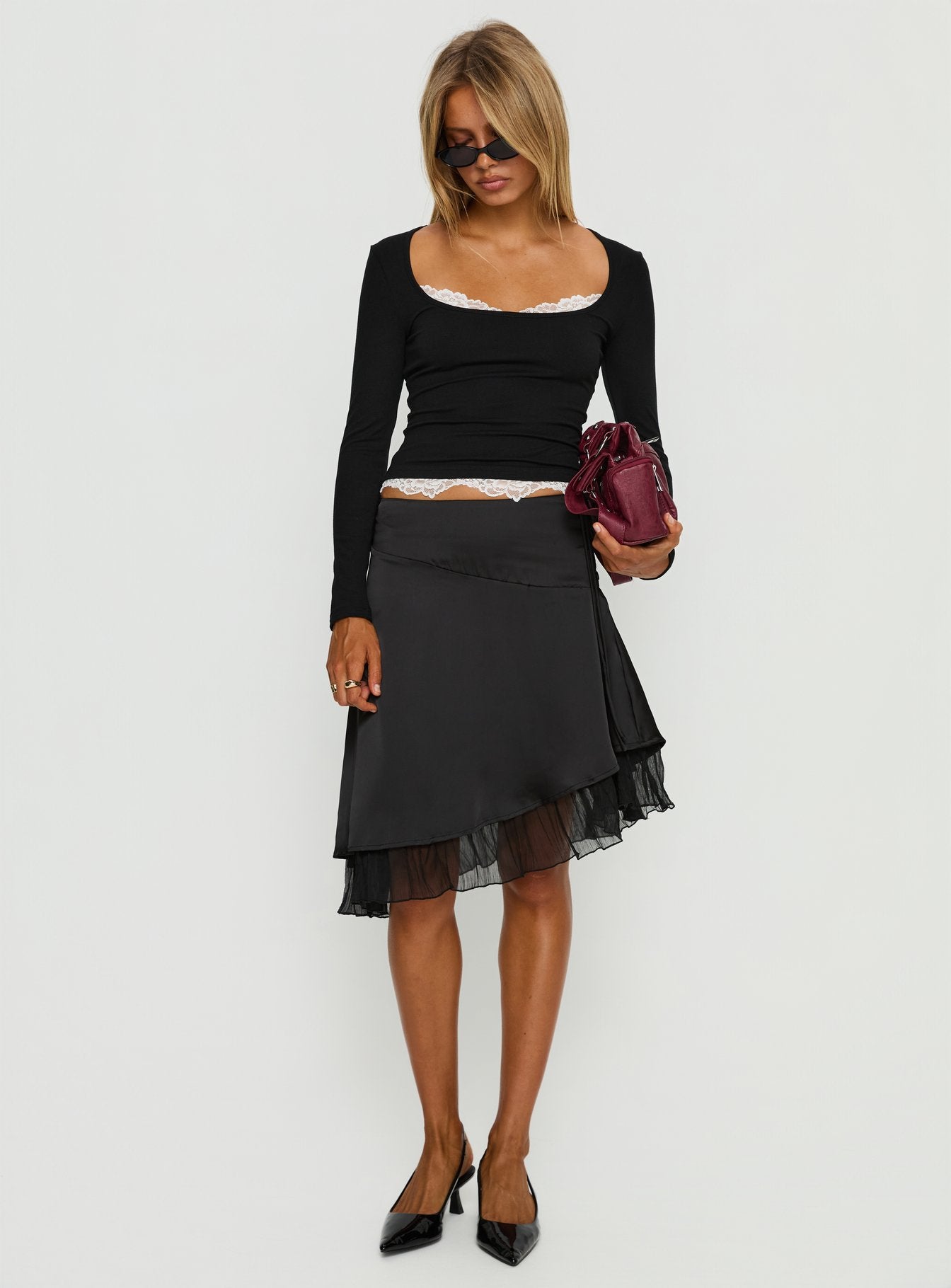 Alternative view of Falling Through Lace Detail Long Sleeve Top Black