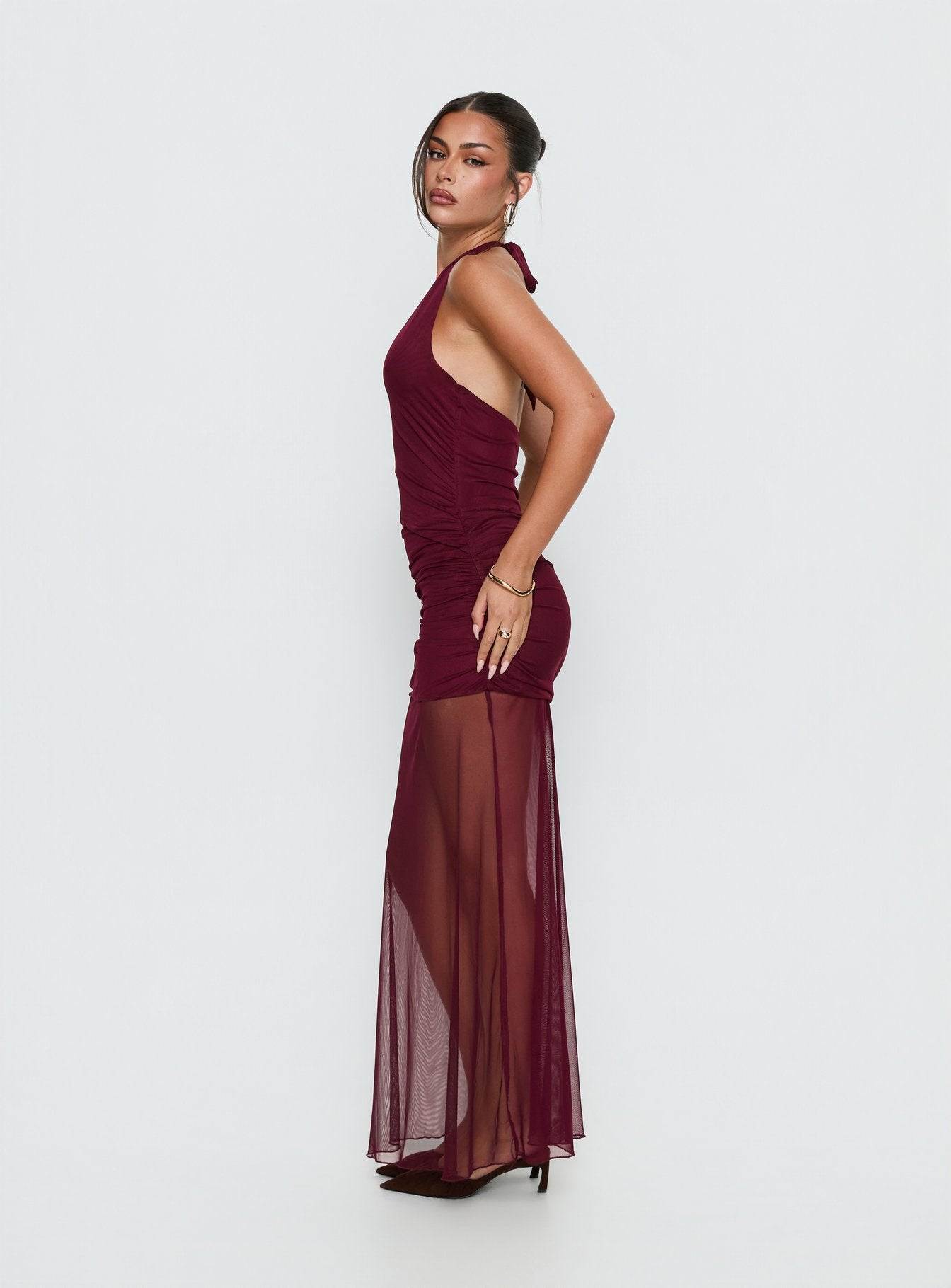 Desta Halter Sheer Maxi Dress Burgundy - Image 3