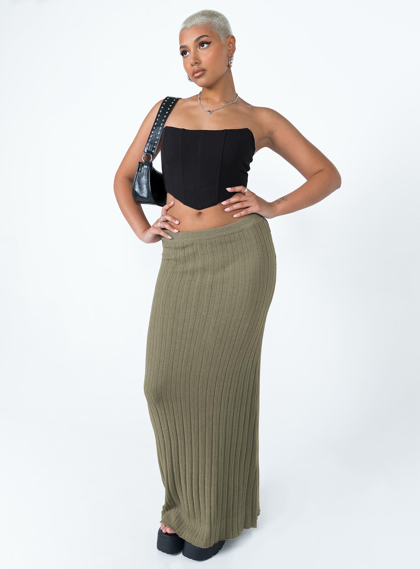 Belle Knit Maxi Skirt Khaki - Image 3