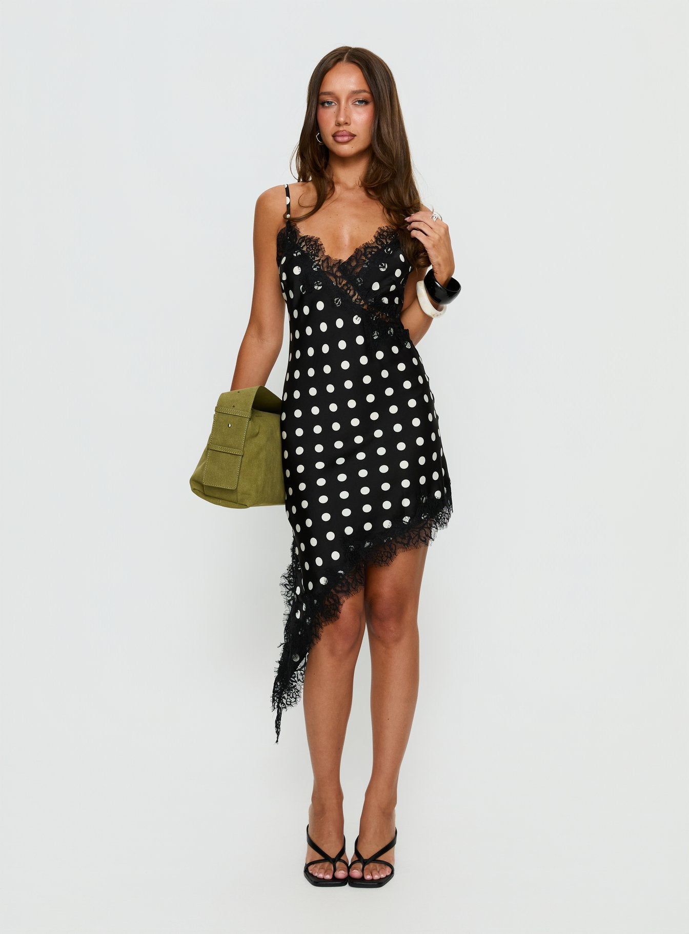 Afterdark Lace Asymmetrical Mini Dress Black Polka Dot - Image 3
