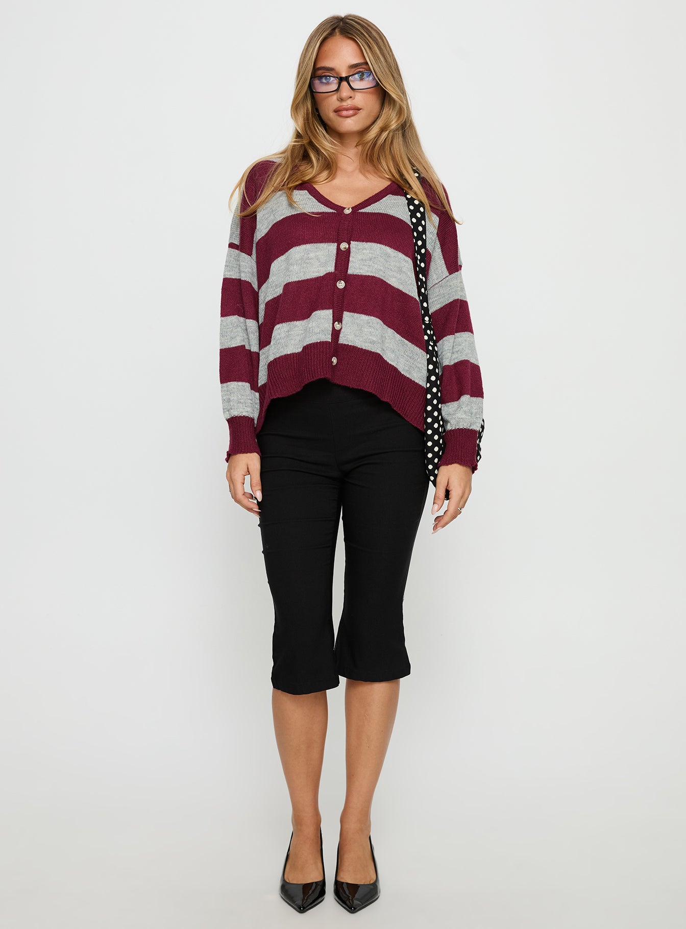Alternative view of Devvon V Neck Knit Cardigan Red Stripe