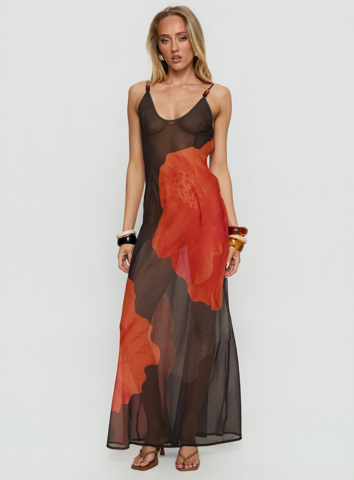 Carita Sheer Chiffon Maxi Dress Brown / Orange Floral - Image 3