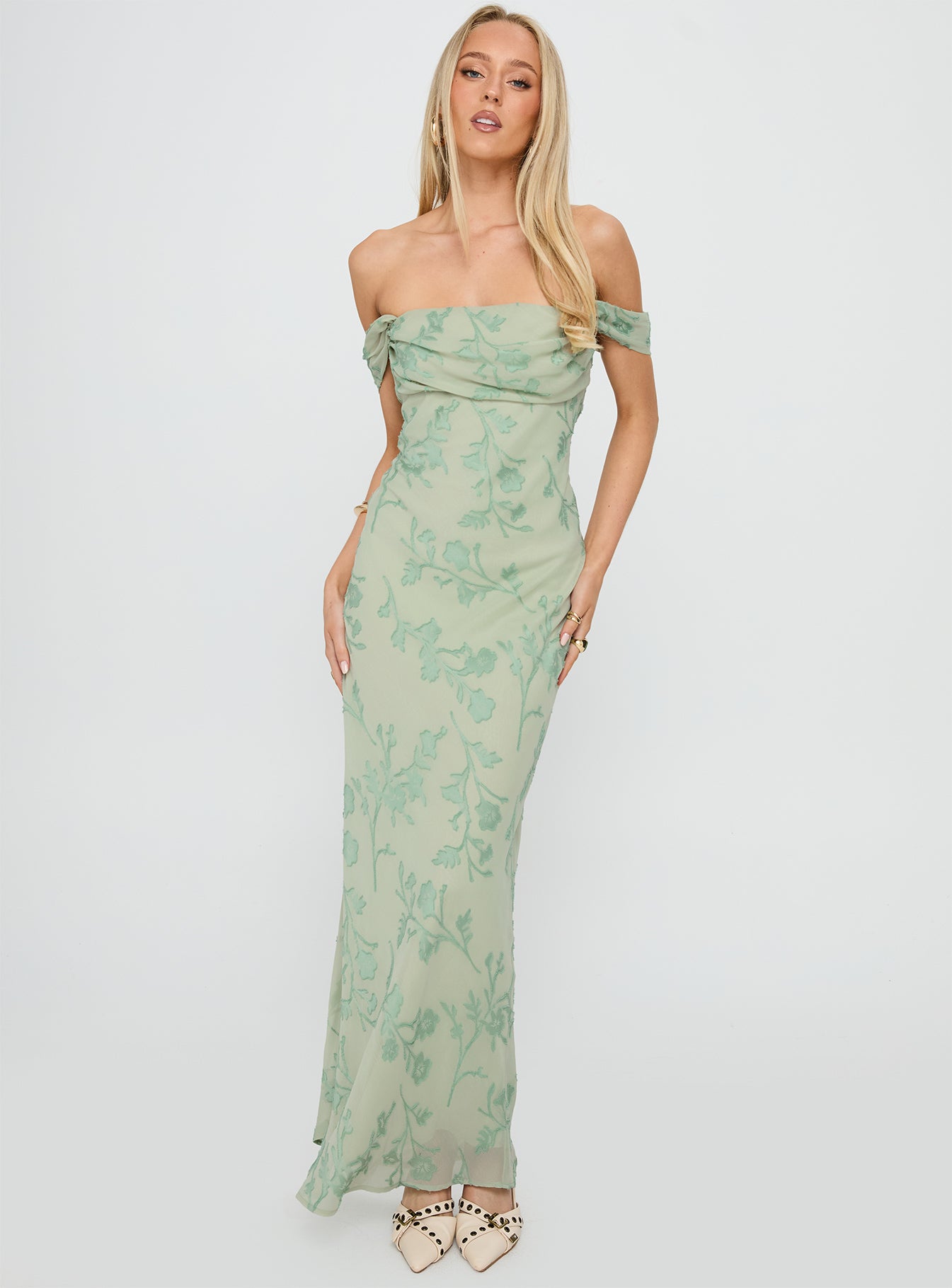 Azura Off The Shoulder Maxi Dress Green Burnout - Image 3