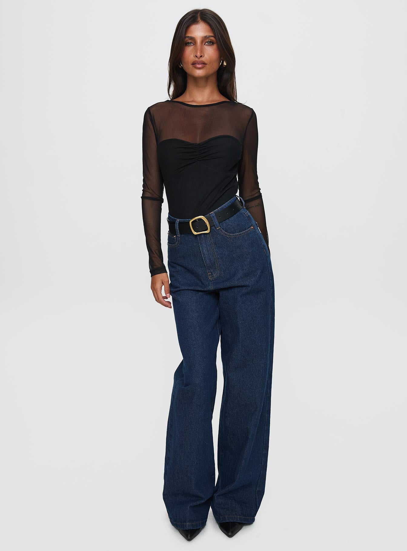 Delanee Mesh Detail Long Sleeve Bodysuit Black - Image 2