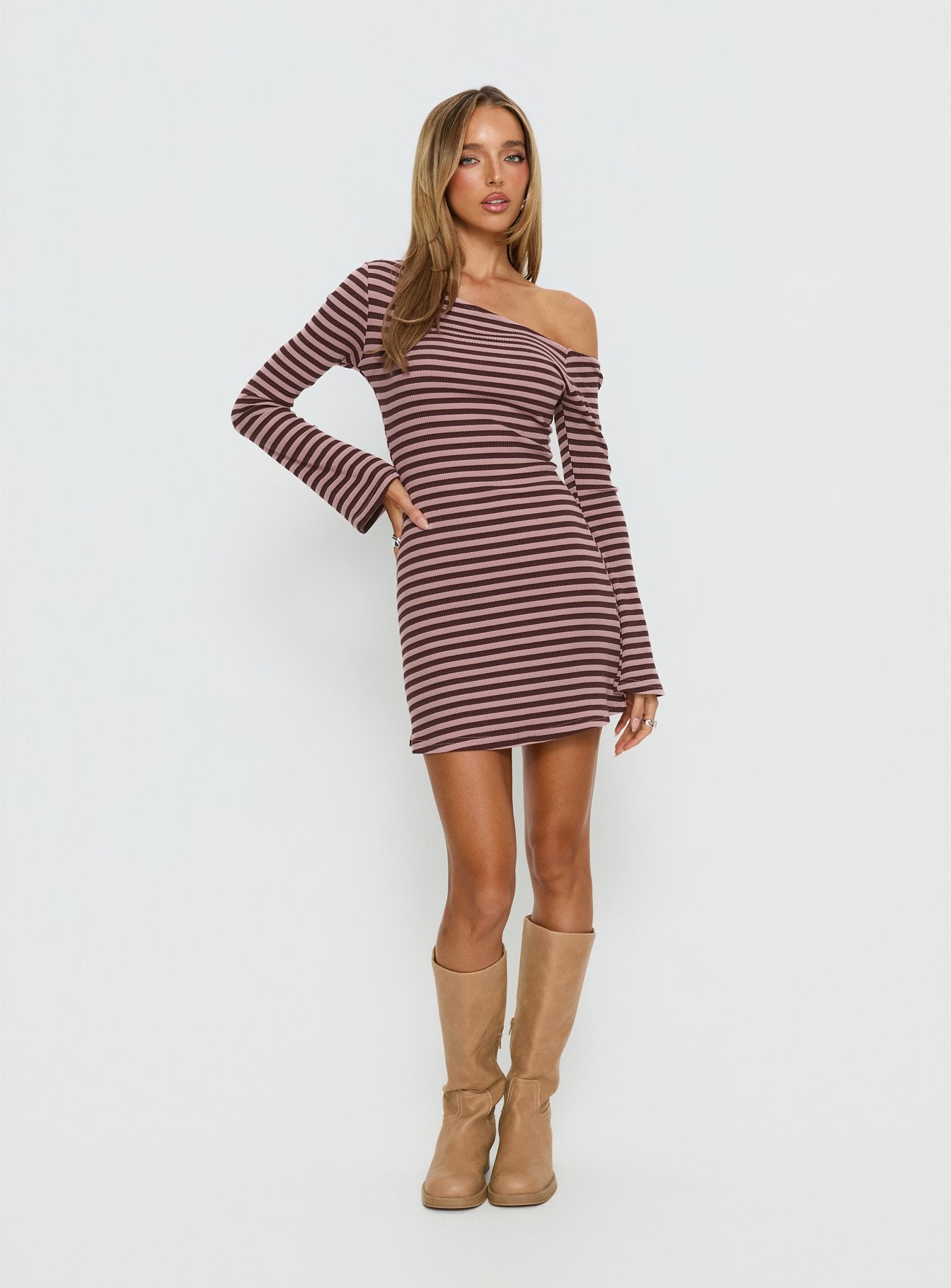 Alternative view of Adrietta Long Sleeve Off Shoulder Mini Dress Chocolate / Pink Stripe