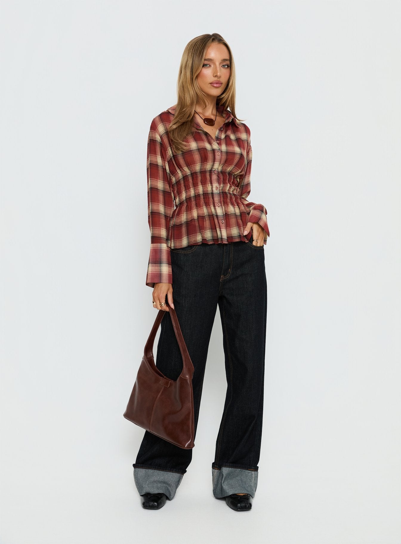 Alternative view of As You Are Shirred Button Up Top Red Check