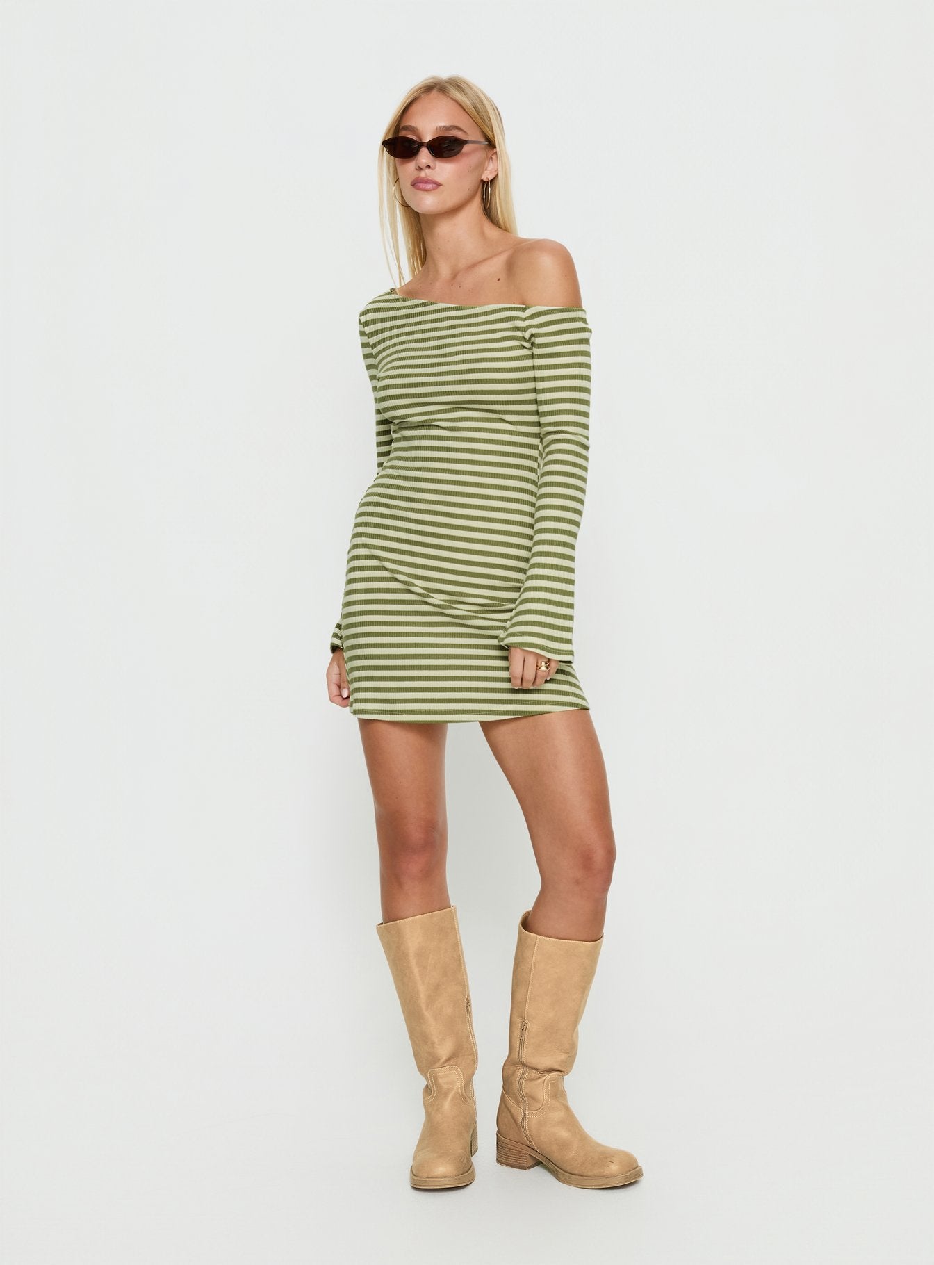 Alternative view of Adrietta Long Sleeve Off Shoulder Mini Dress Cream / Matcha Stripe