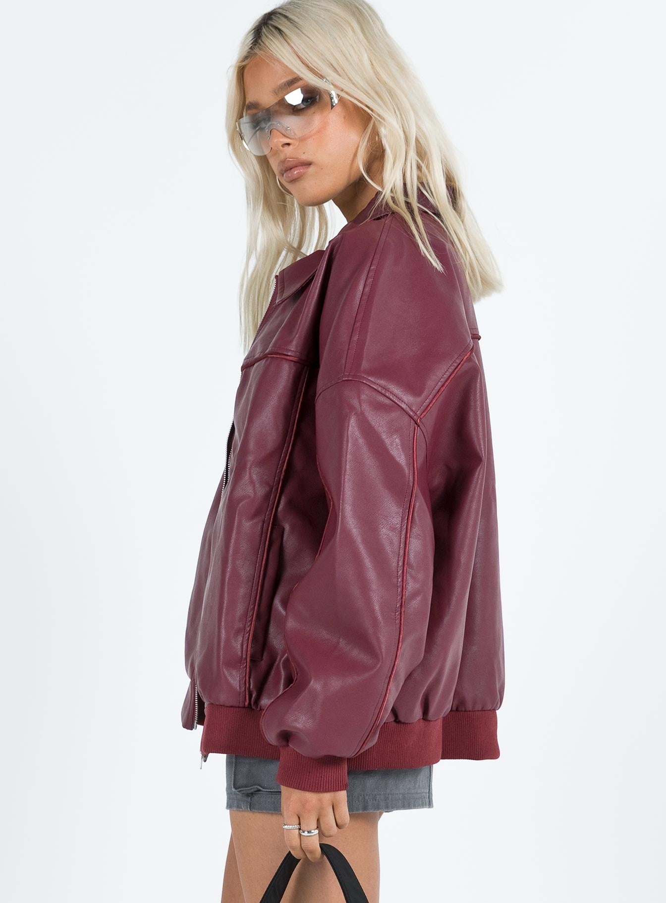 Goldsmith Faux Leather Bomber Jacket Burgundy - Image 4