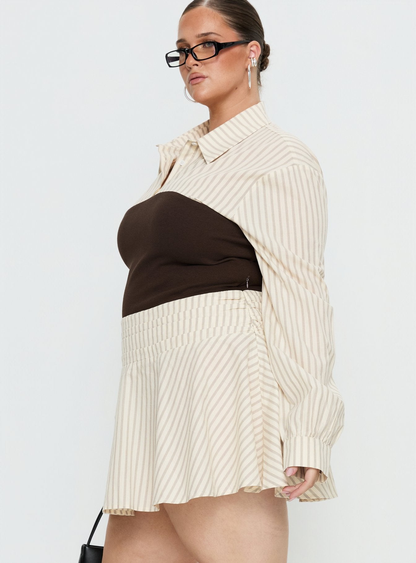 Belva Long Sleeve Corset Shirt Mini Dress Brown Stripe Curve - Image 4