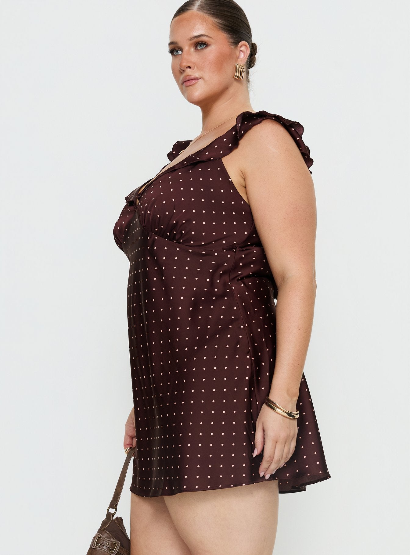 Kamillah Frill Mini Dress Burgundy Polka Dot Curve - Image 3