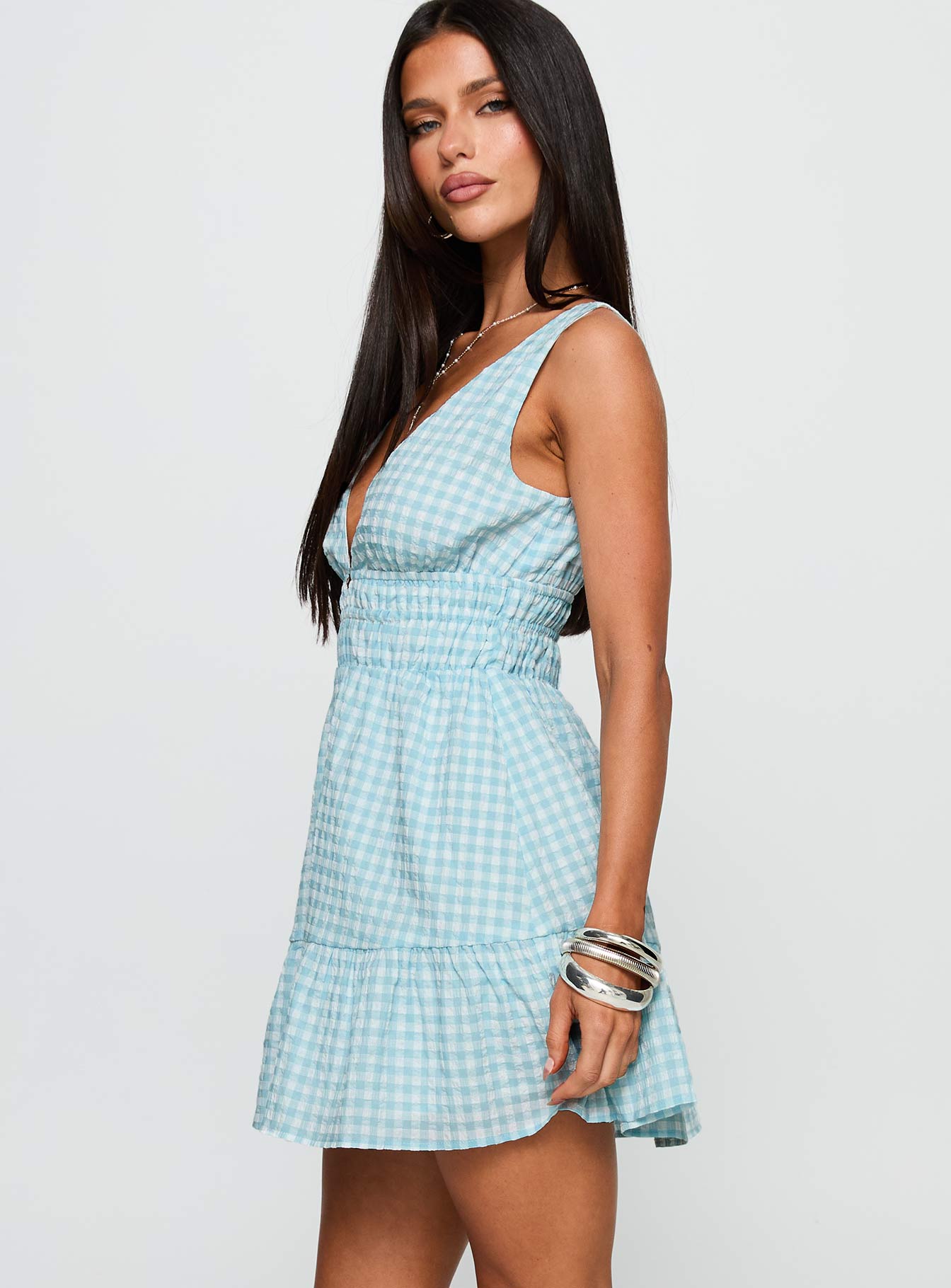 Ismena Plunge Mini Dress Blue Check - Image 3