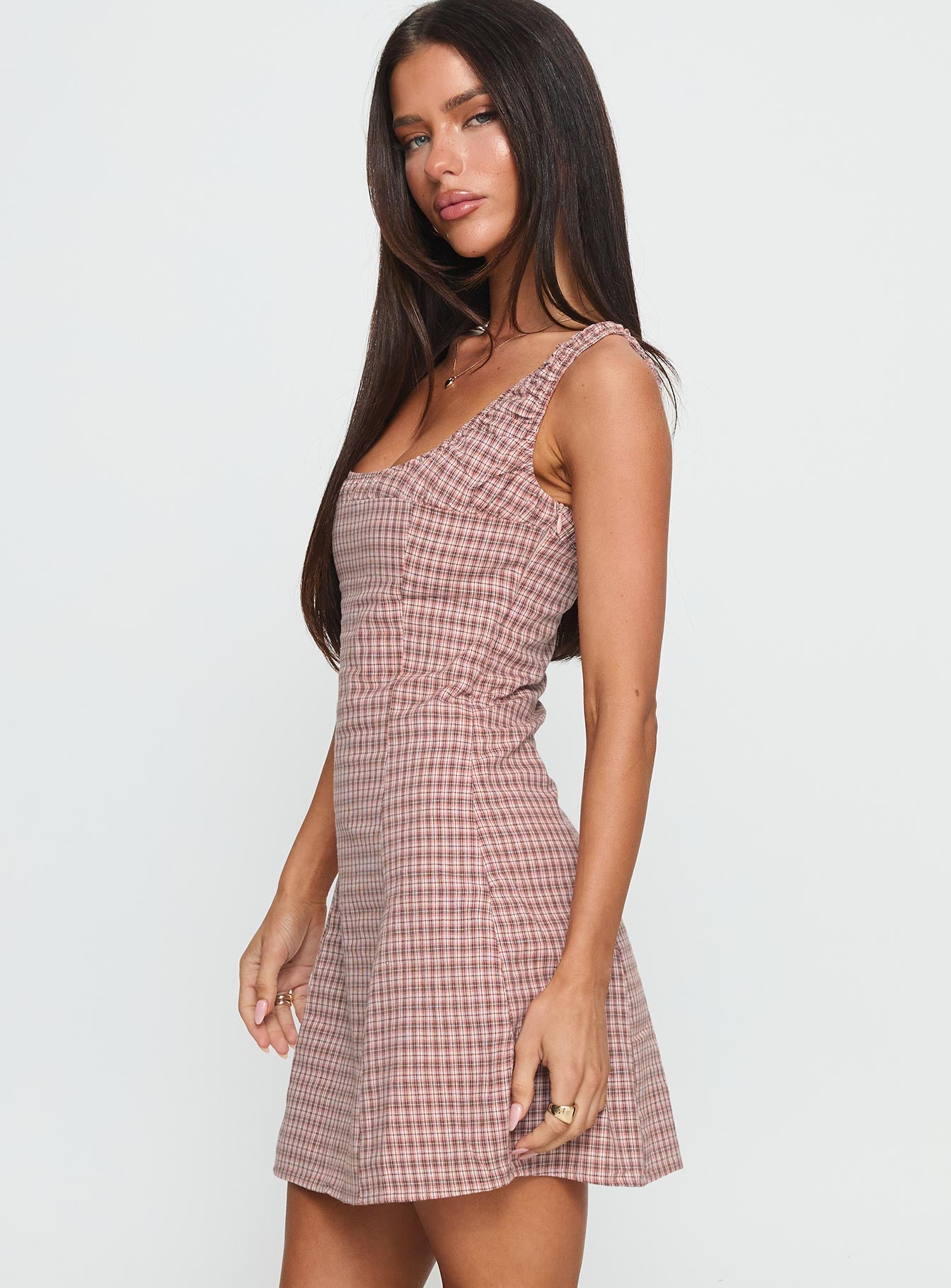 Denley Cinched Mini Dress Pink Check - Image 4