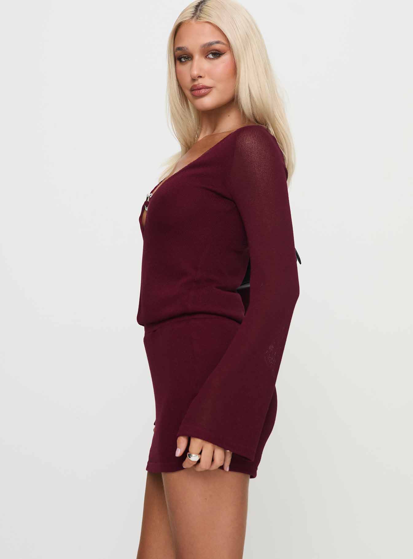Charming Long Sleeve Mini Dress Maroon - Image 3