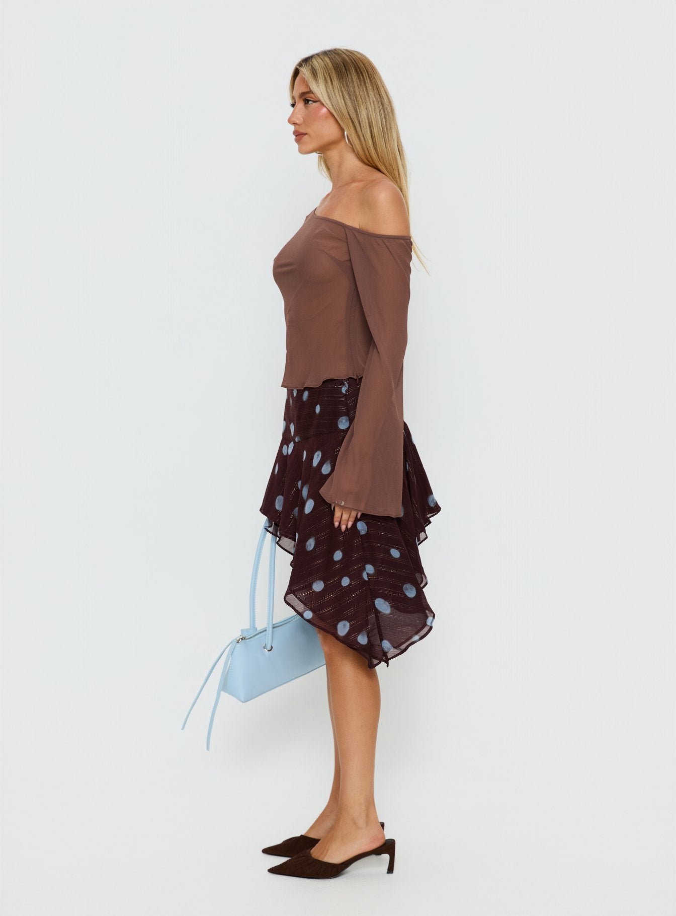 Hevenna Asymmetrical Chiffon Mini Skirt Brown / Blue Polka - Image 4