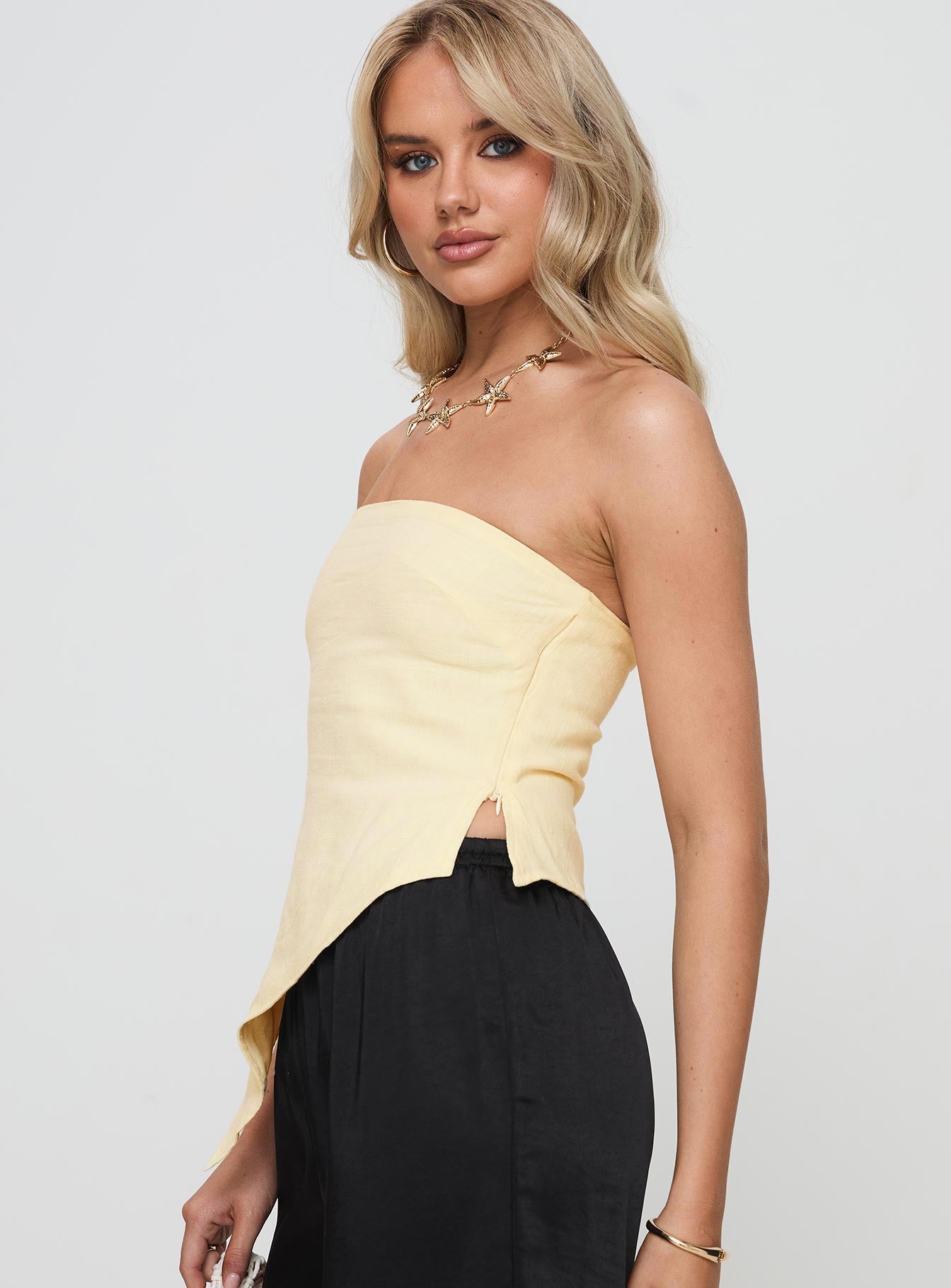 Birdie Asymmetric Linen Blend Top Lemon - Image 4