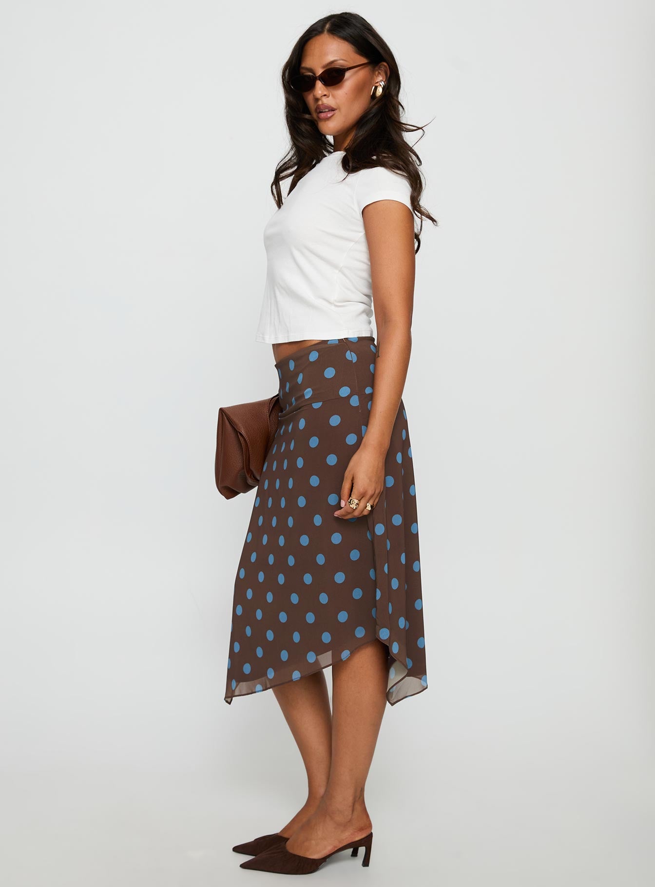 Daphene Asymmetrical Midi Skirt Brown / Blue Polka Dot - Image 4