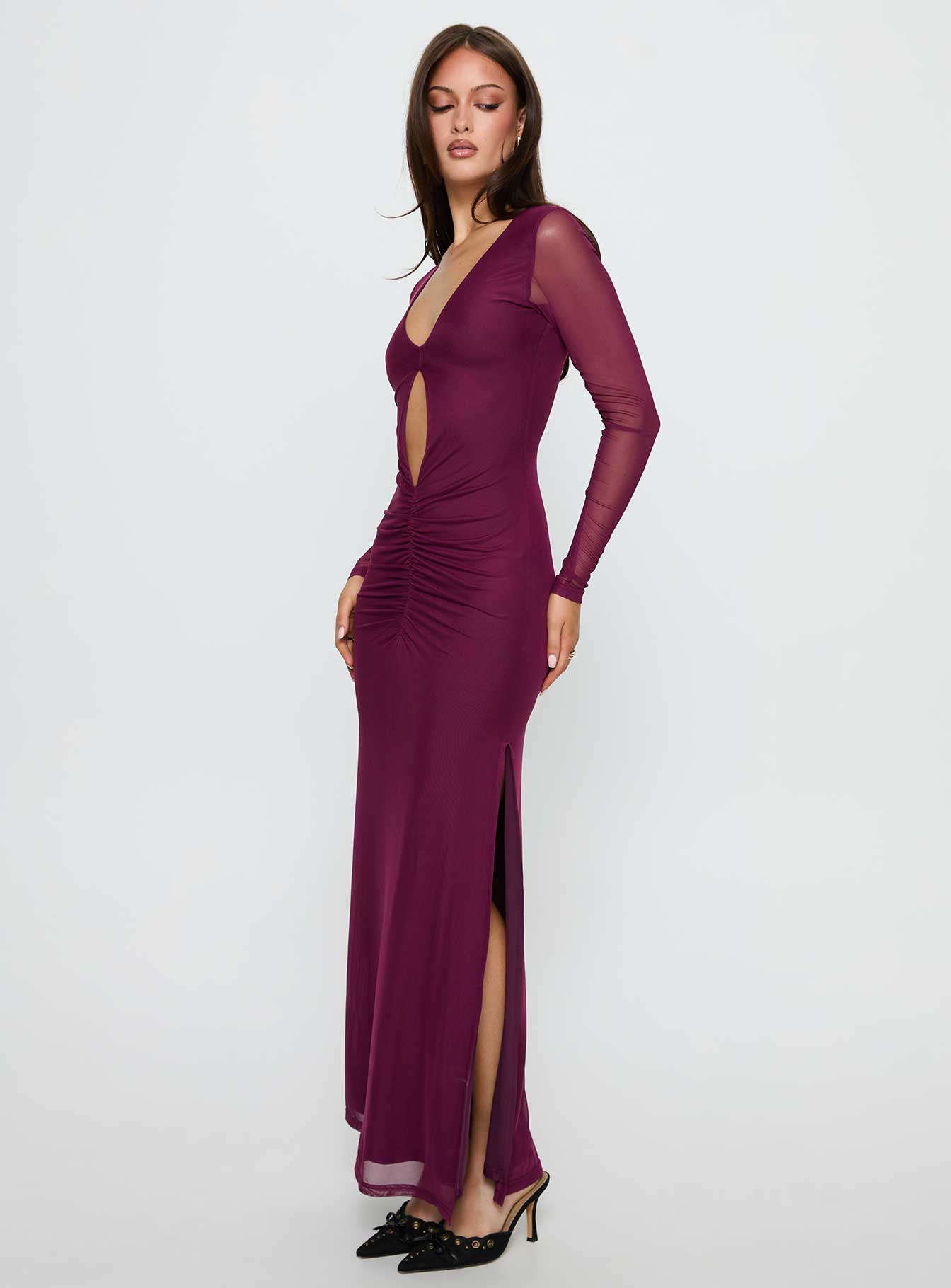 Darkside Long Sleeve Cut Out Plunge Maxi Dress Plum - Image 3