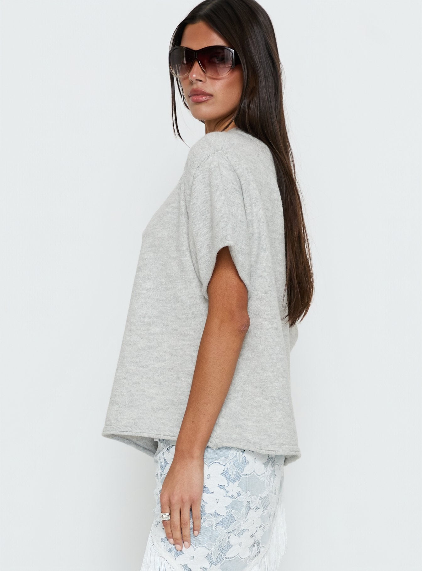 Kourta Off Shoulder Oversized Knit Top Grey Marle - Image 4