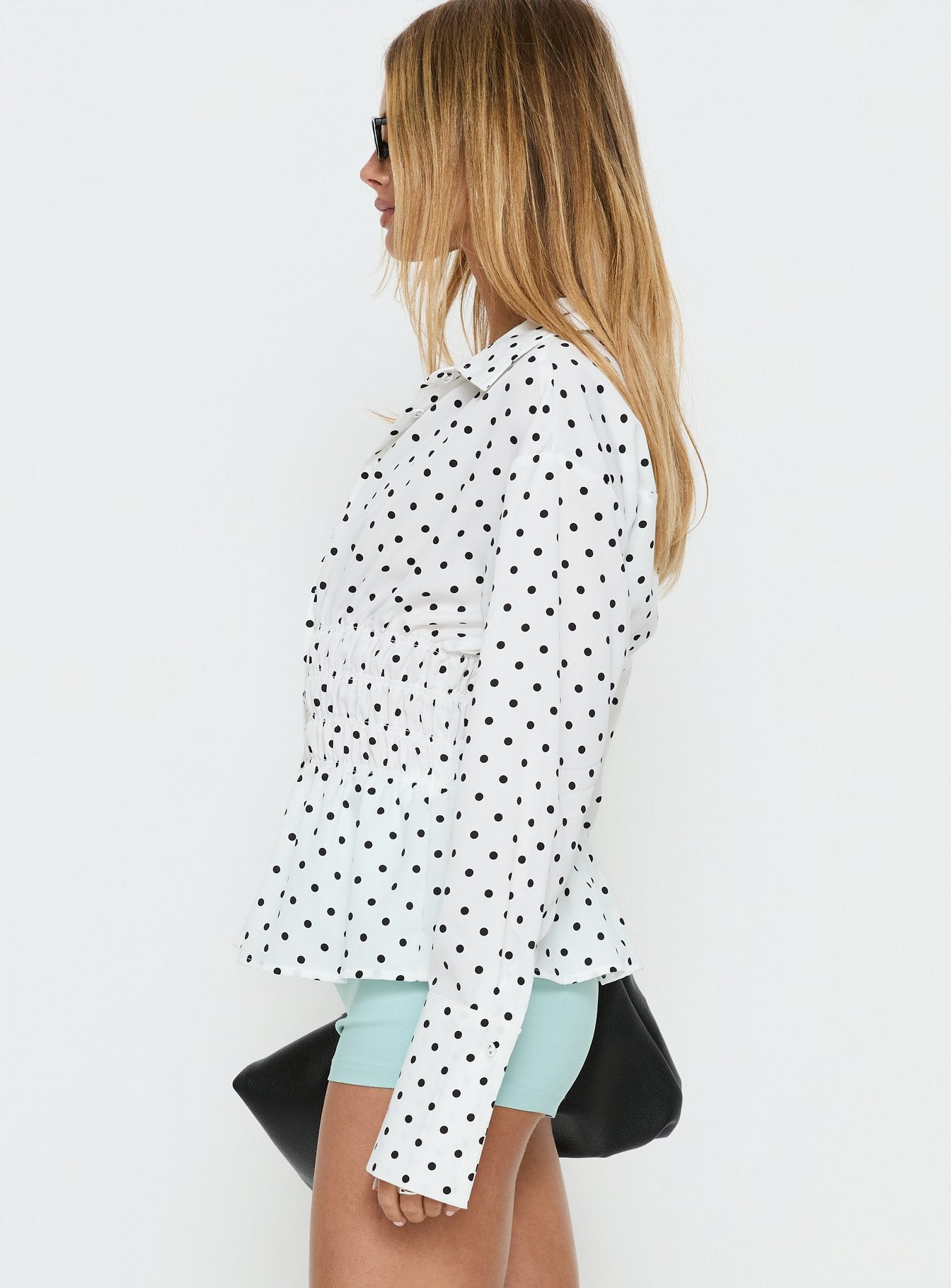As You Are Shirred Button Up Top White Polka - Image 4