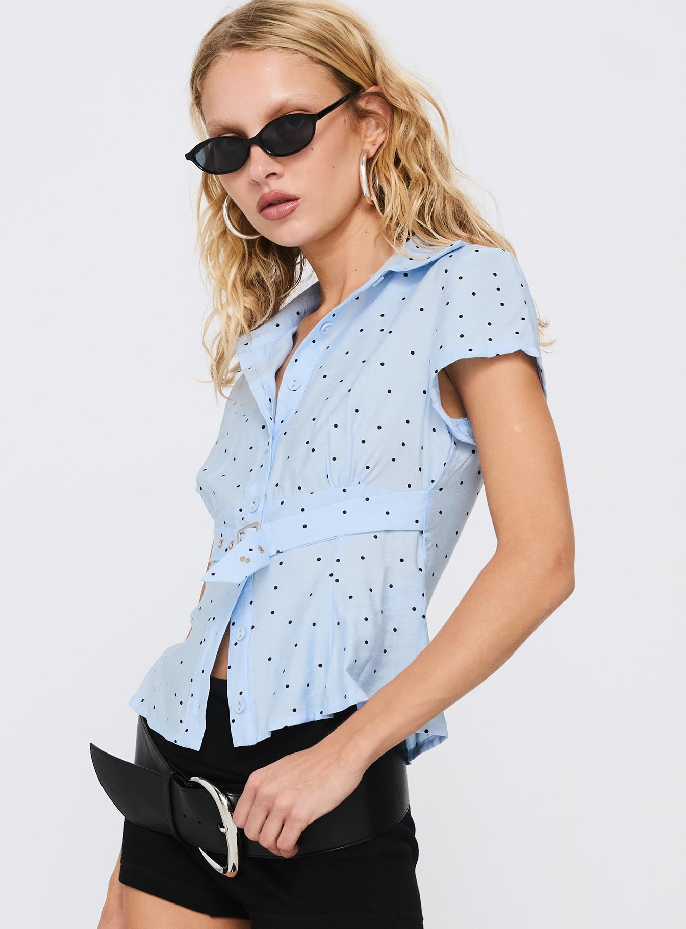 Esteem Buckle Detail Short Sleeve Shirt Blue Polka - Image 4