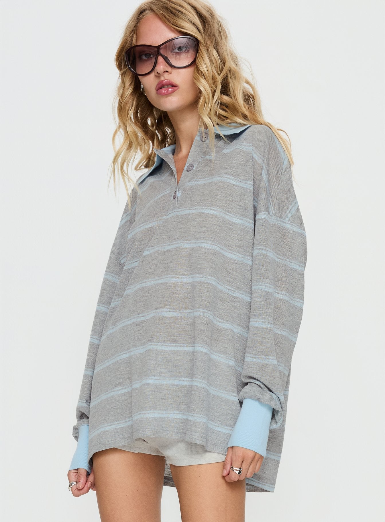 Aleka Long Sleeve Rugby Jersey Grey / Blue Stripe - Image 4