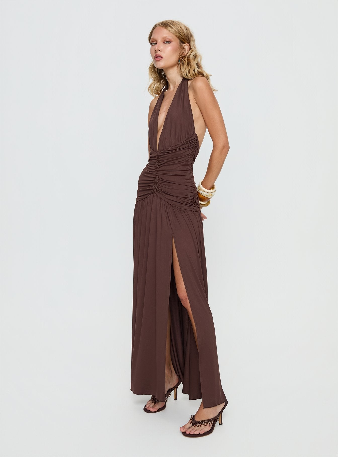 Diona Halter Ruched Maxi Dress Brown - Image 3