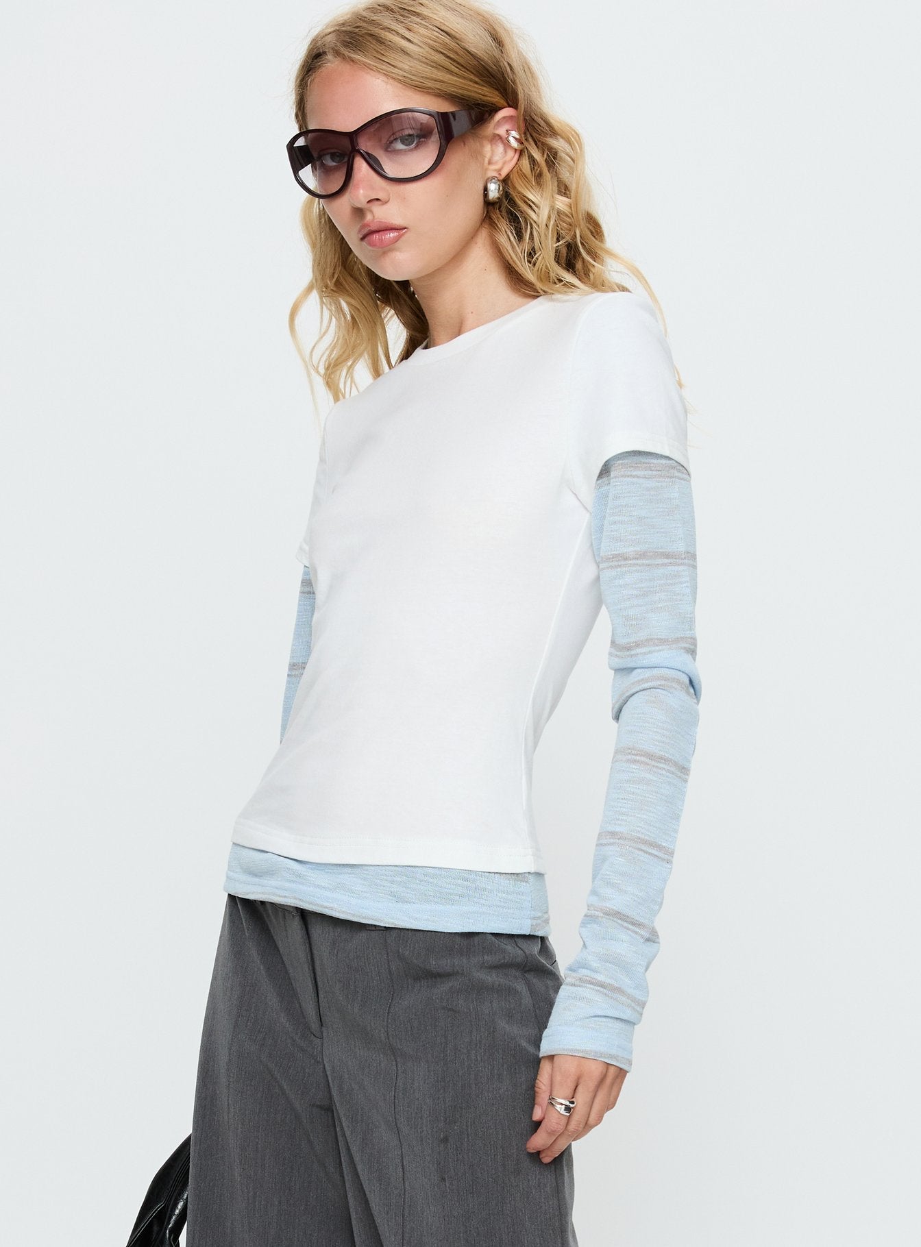Caisey Layered Long Sleeve Top White / Blue Stripe - Image 4