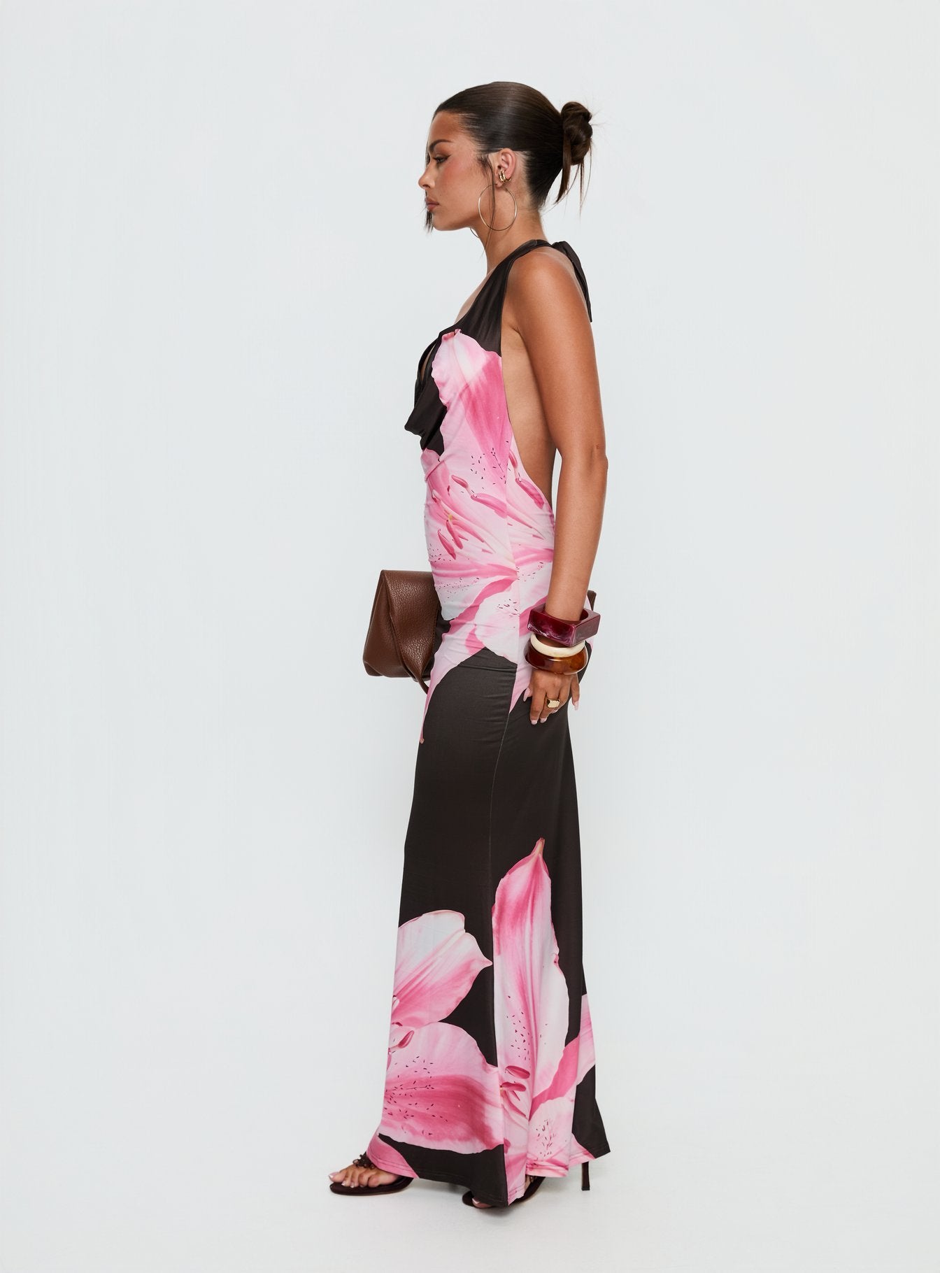 Kanara Halter Plunge Maxi Dress Chocolate / Pink Floral - Image 4