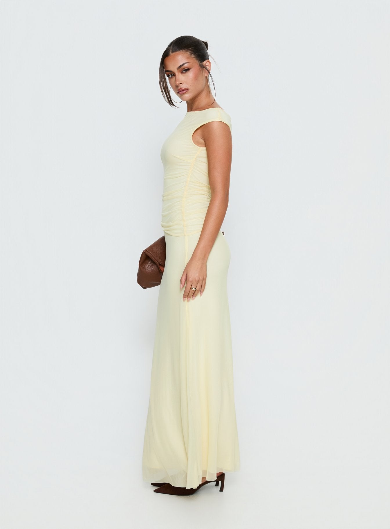 Krystyna Off Shoulder Ruched Mesh Maxi Dress Butter - Image 4