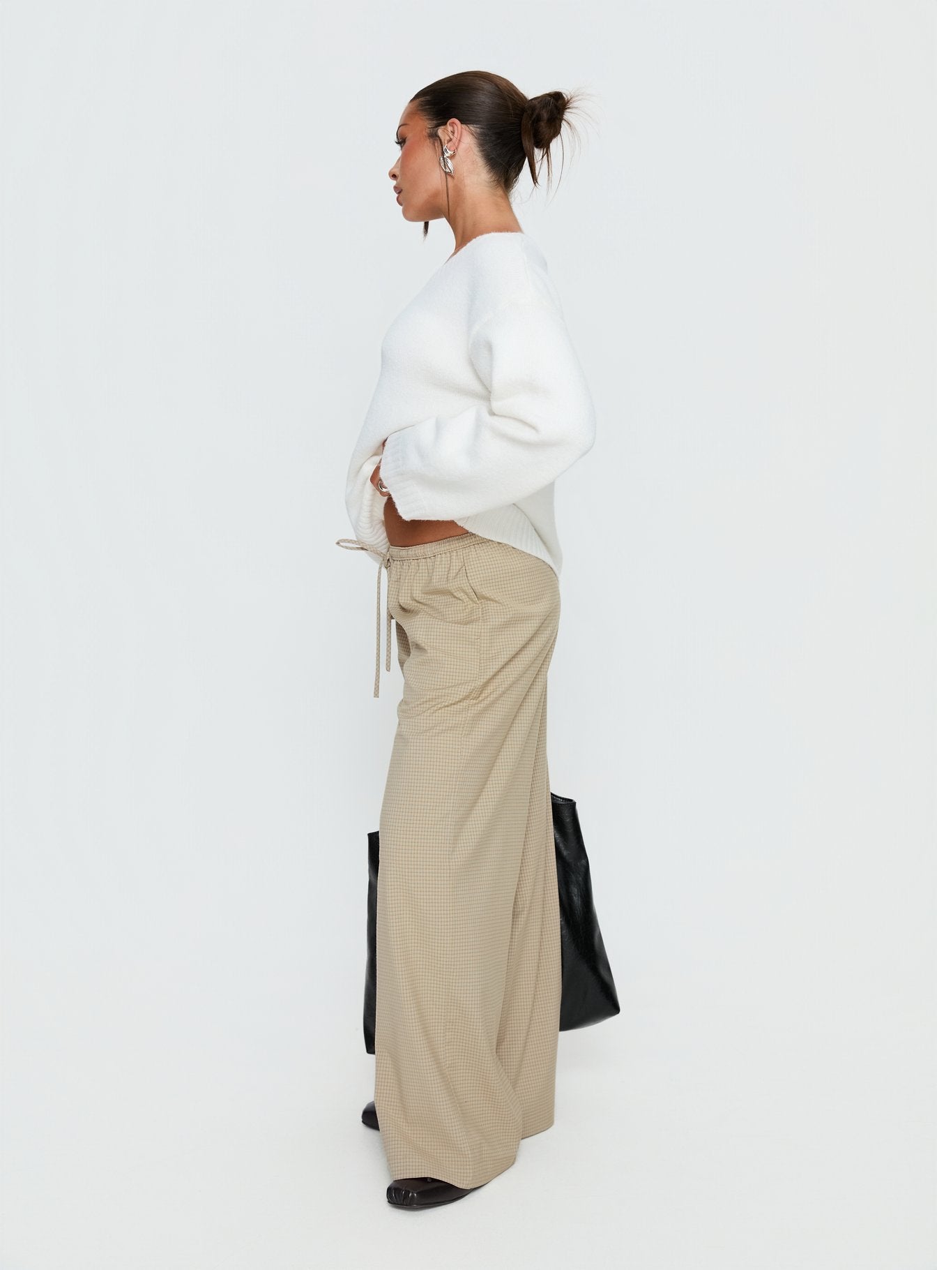 Ketrina Tie Waist Pants Beige Plaid - Image 3