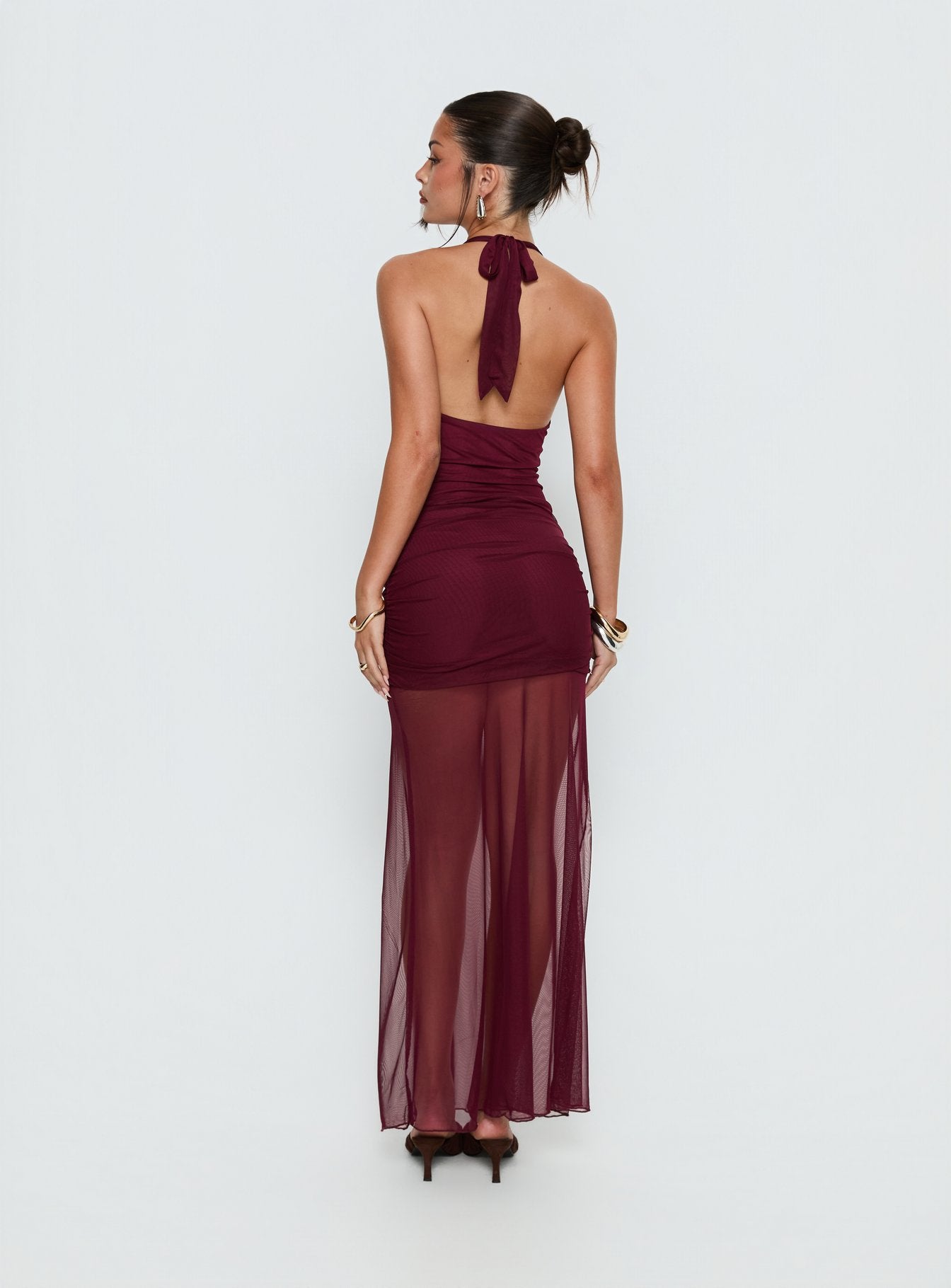 Desta Halter Sheer Maxi Dress Burgundy - Image 4