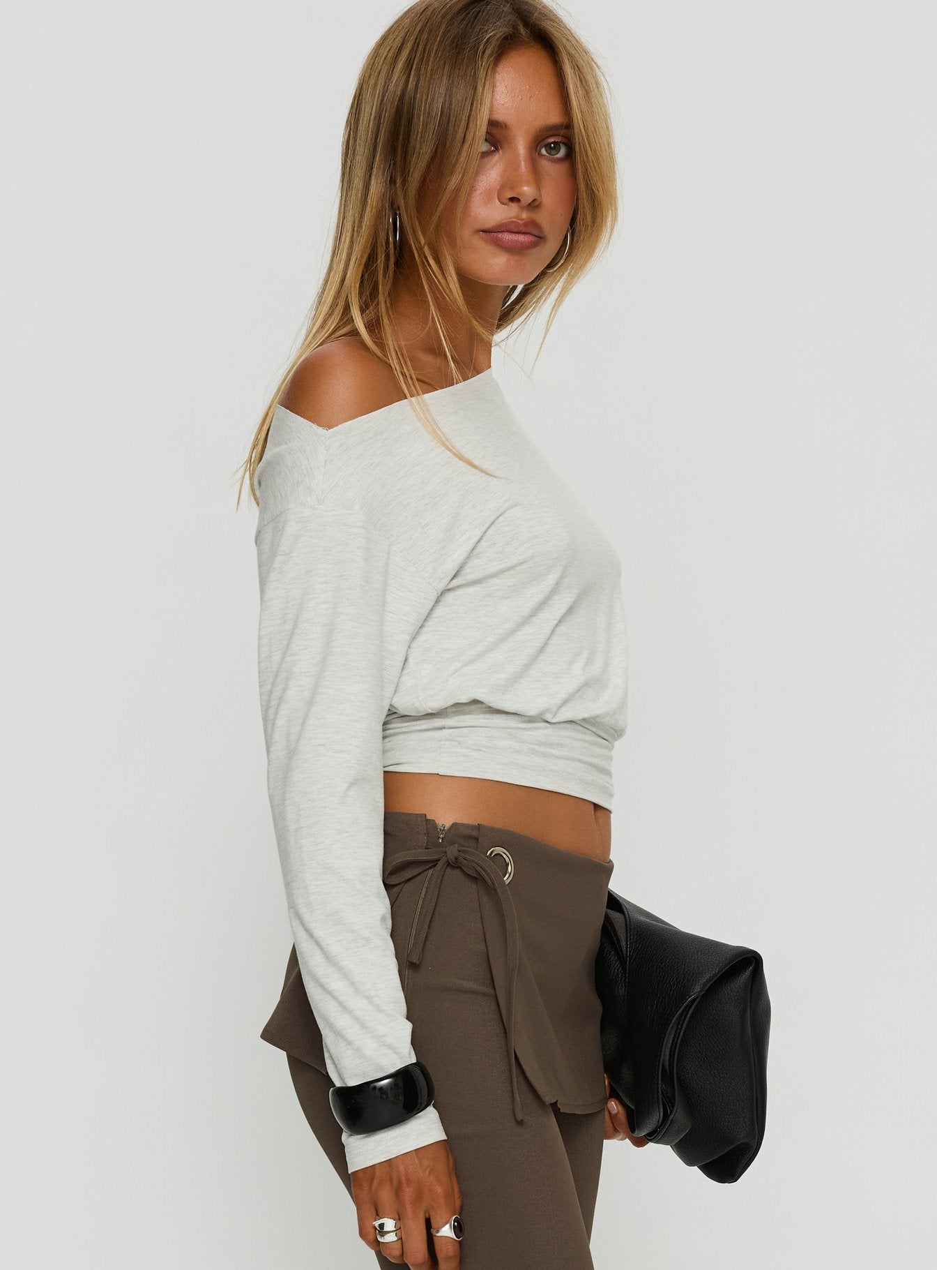 Ashlinn Off Shoulder Long Sleeve Drapey Top Grey Marle - Image 4