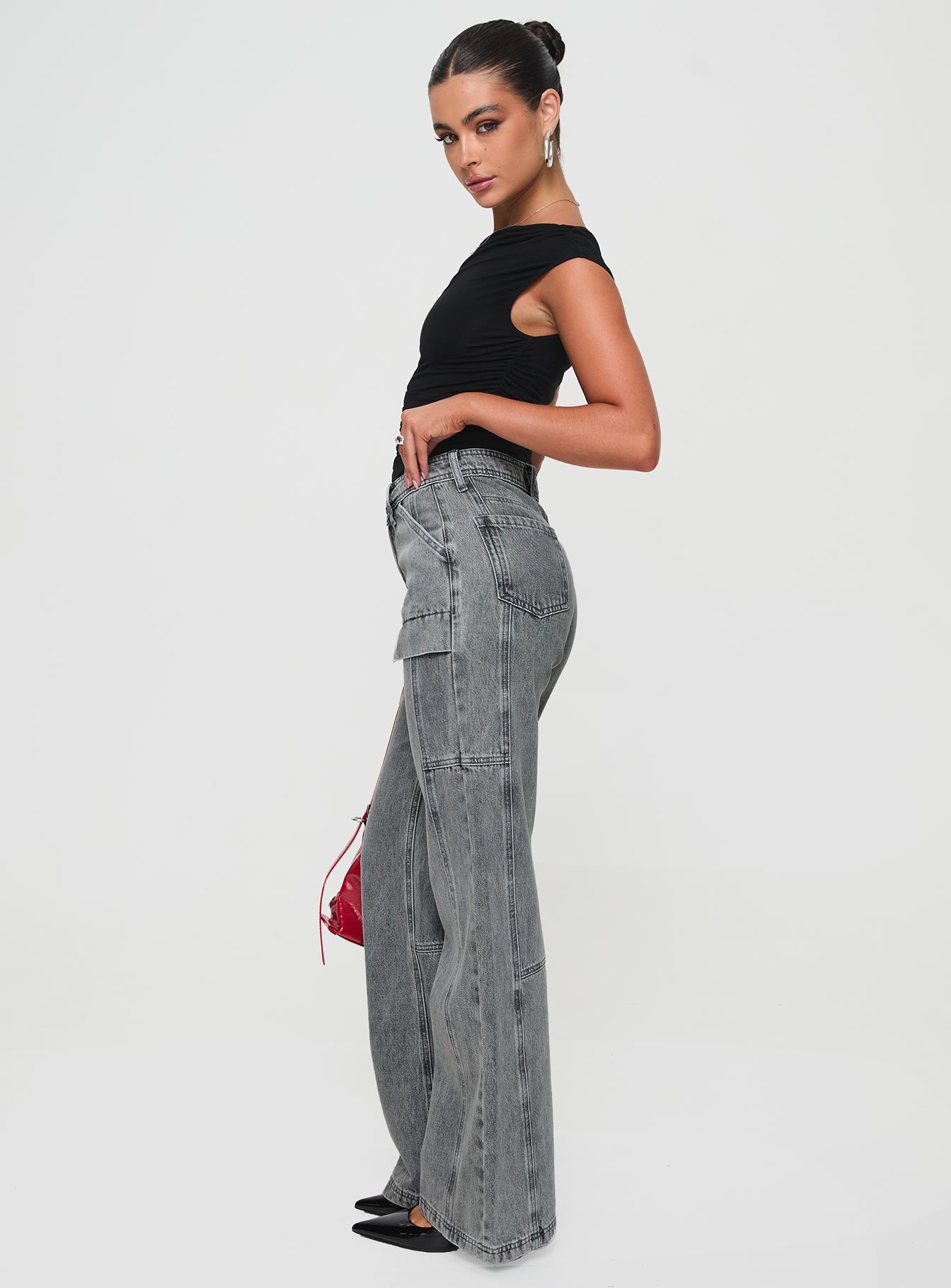 Chad High Rise Flared Cargo Jeans Washed Grey - Image 4